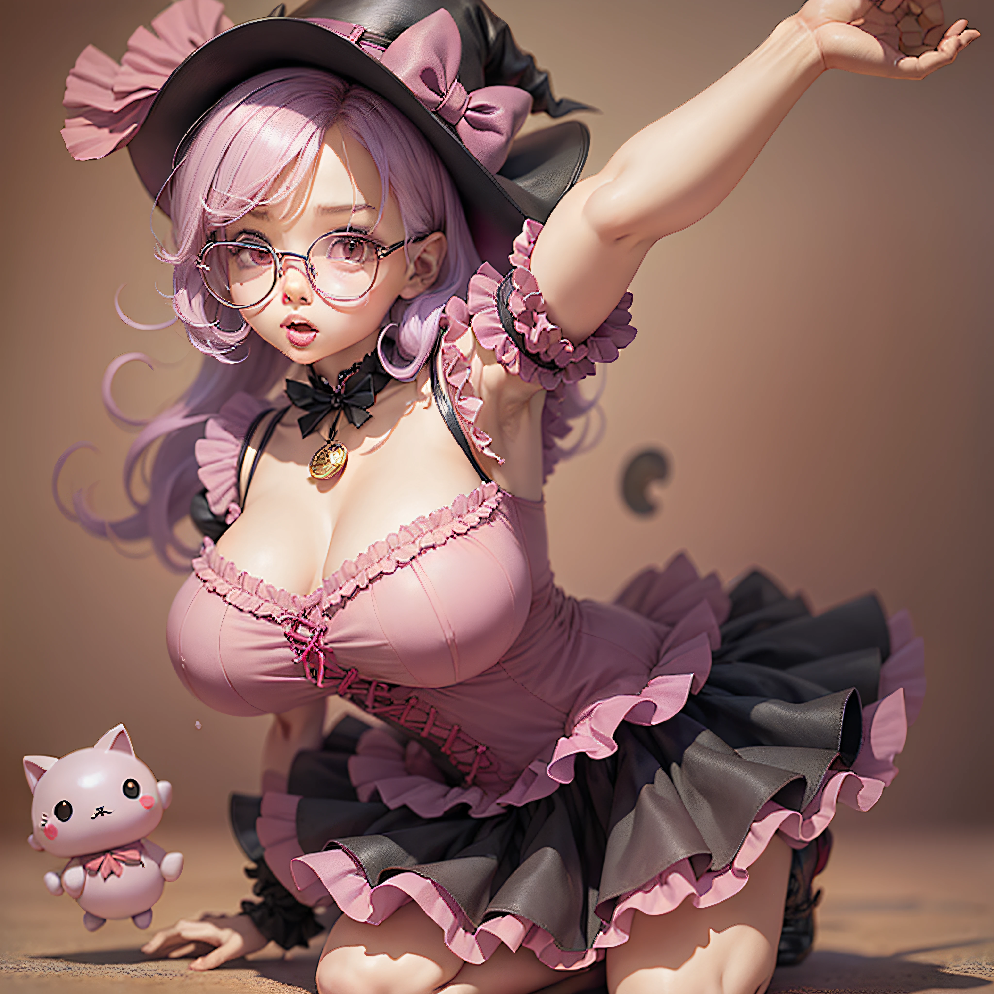 Sanrio Chara, Witch, Round Glasses, Woman, Cute, Big Breasts, Chest Ruffles, Pink Ruffles, POP, Lilith, Toon --auto --s2