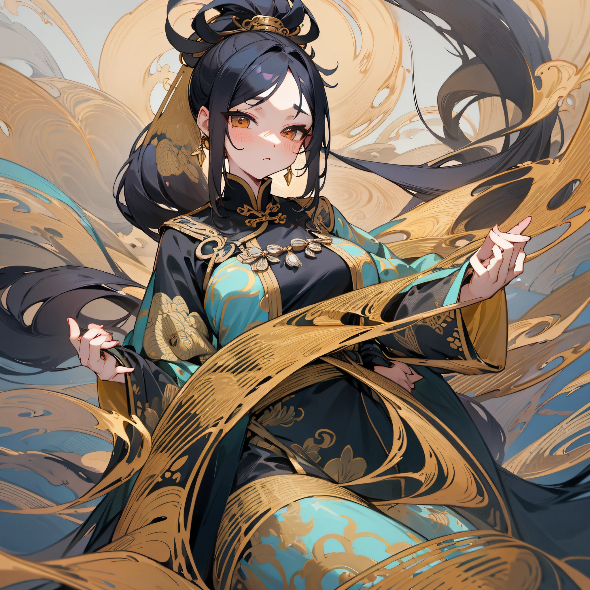 Hair: Black, single ponytail Golden hairpin inserted in hair and waist Face: beautiful, beautiful, watery, noble Clothing: Chinese antique robe Posture: graceful, tall, elegant temperament Weapon: brush ink Anime girl Giantess | Concept Crane mountain stream --auto --s2