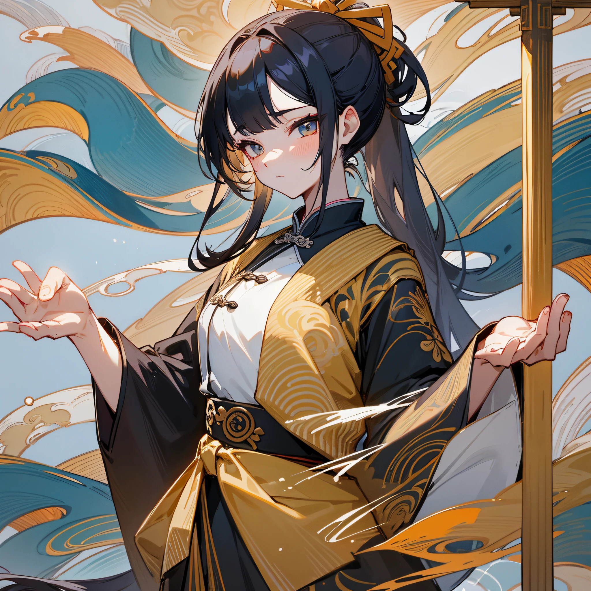 Hair: Black, single ponytail Golden hairpin inserted in hair and waist Face: beautiful, beautiful, watery, noble Clothing: Chinese antique robe Posture: graceful, tall, elegant temperament Weapon: brush ink Anime girl Giantess | Concept Crane mountain stream --auto --s2