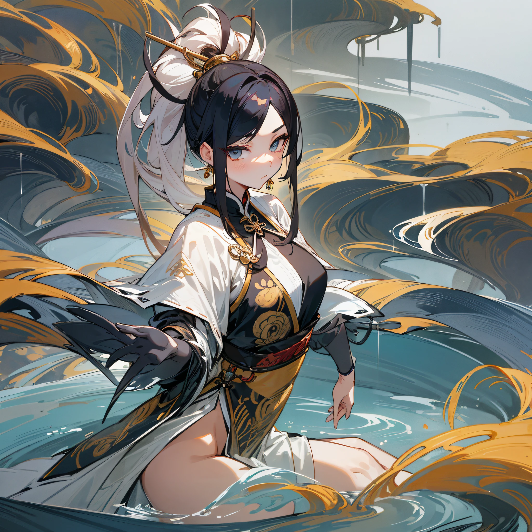 Hair: Black, single ponytail Golden hairpin inserted in hair and waist Face: beautiful, beautiful, watery, noble Clothing: Chinese antique robe Posture: graceful, tall, elegant temperament Weapon: brush ink Anime girl Giantess | Concept Crane mountain stream --auto --s2