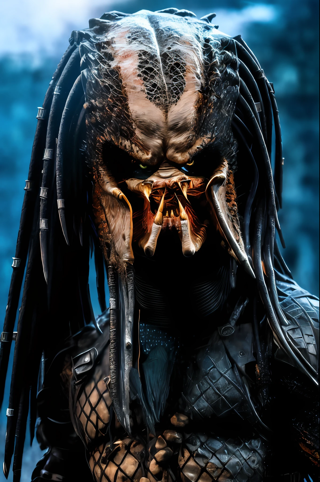 dark scene, a ((close-up portrait)) of a Yautja predator with sharp teeth, detailed head and face, perfect teeth,  perfect body, night, city street, mist, particles, serious, dark armosphere, detailed background, high quality, award winning ,  in the style of Jim Lee, Marvel Comics,