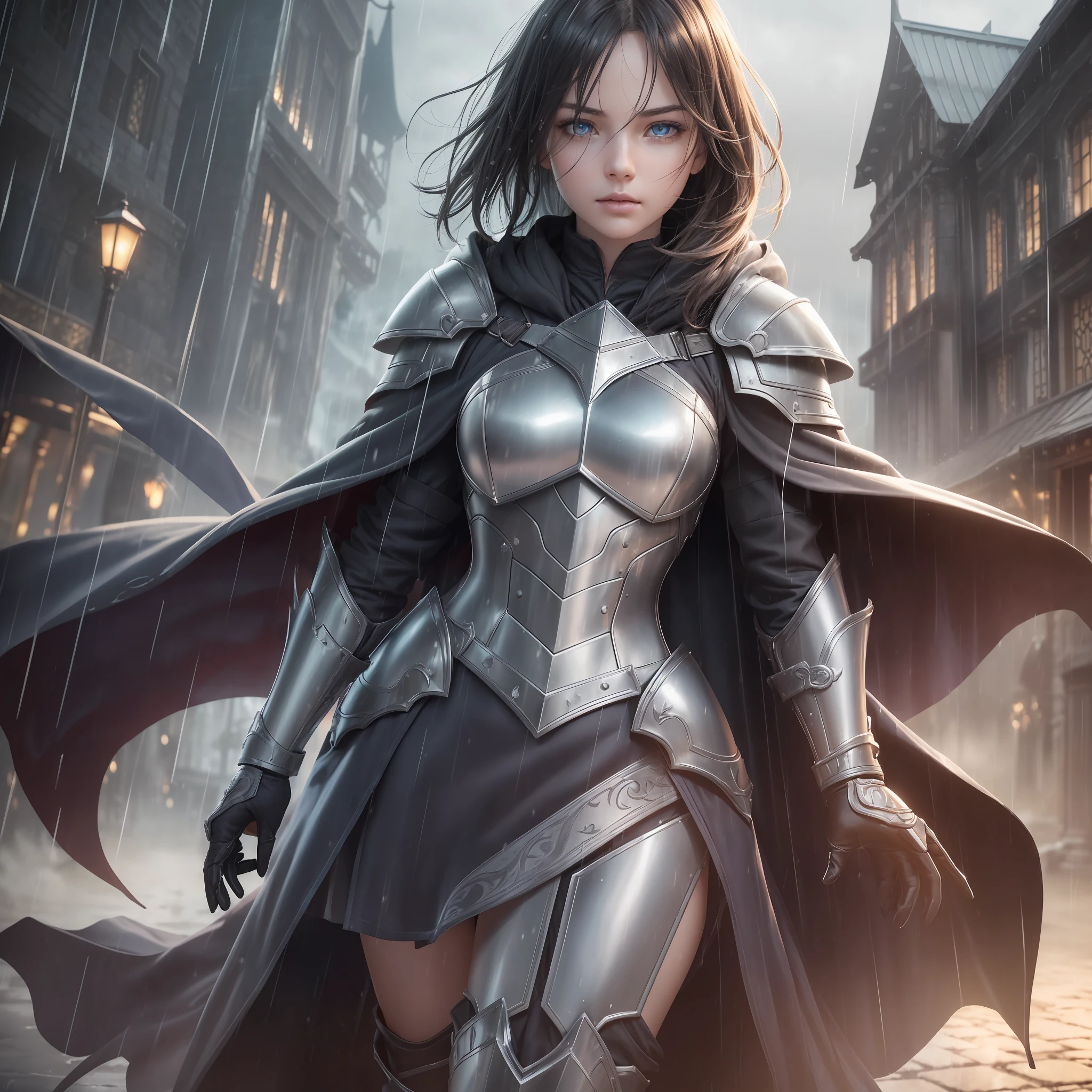 (Skindentation: 1.5), Realistic, Photorealistic, Concept Art, Complex Detail, Highly Detailed, Photorealistic, Octane Rendering, 8K, Unreal Engine, Dynamic Pose, Best Quality, High Resolution, (Realistic Face: 1.1), (Surreal: 1.1), ((Full Body)), Perfect Eyes, (Shiny Skin: 1.2), (( (hairstyle))), ((((perfect hands)))), (very detailed background), ((dynamic background)), ((rain)), (wind), (((1girl)), wearing armor, ((flowing cloak))))), ((fine eyes, quality eyes, quality face)), (very complex heavy armor, full plate armor), short hair, (dramatic)), epic, battlefield, depth of field, bokeh, 4k, gothic、