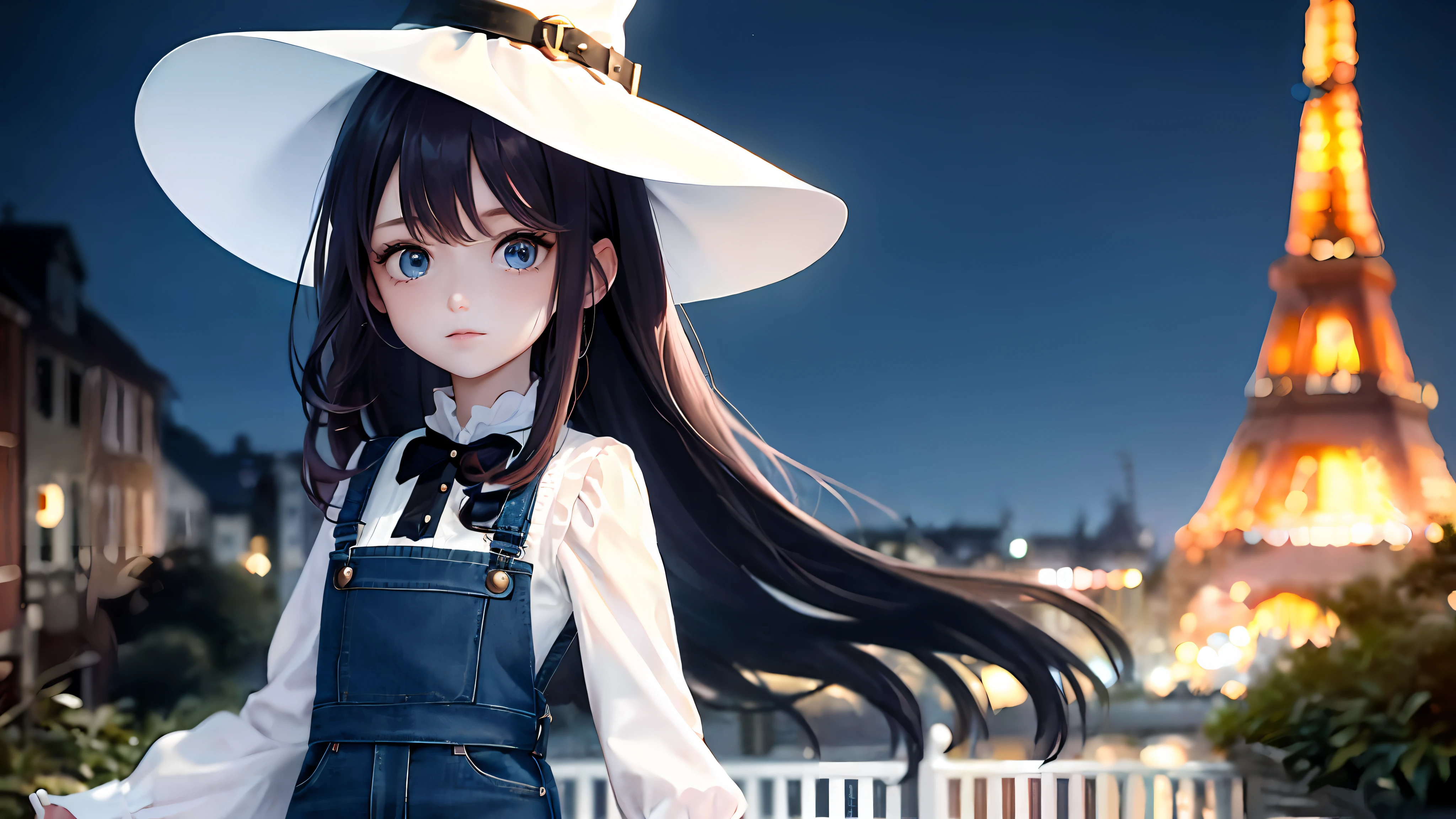 1girl, (masterpiece:1.1), (best quality:1.1), (white blouse:1.1), (red cake dress:1.1), little witch, black witch hat, red high-waisted skirt, BREAK [blue:pink:0.5] theme, (Urban Background: 1.1), upper body, denim lens, break redhead, long hair, blue eyes, sideways, standing, Night, garden, moonlight