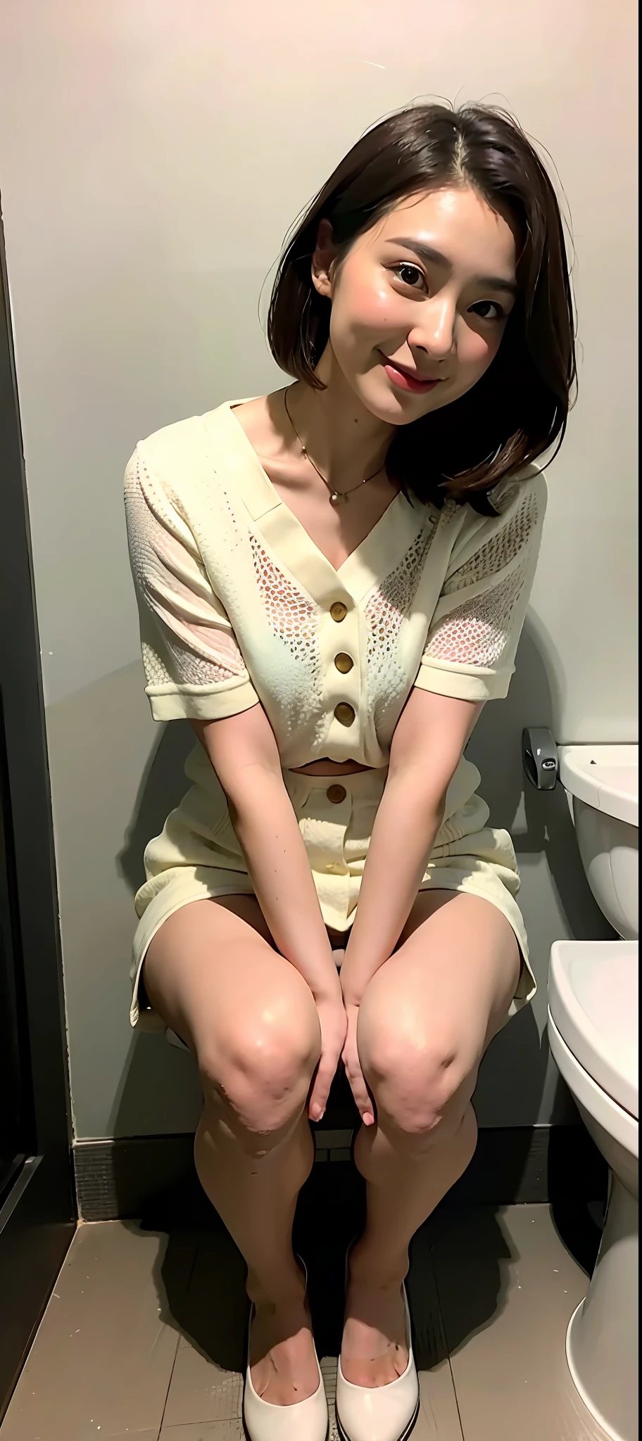 Beautiful woman sitting on toilet bowl, Japan beauty, tremendous big