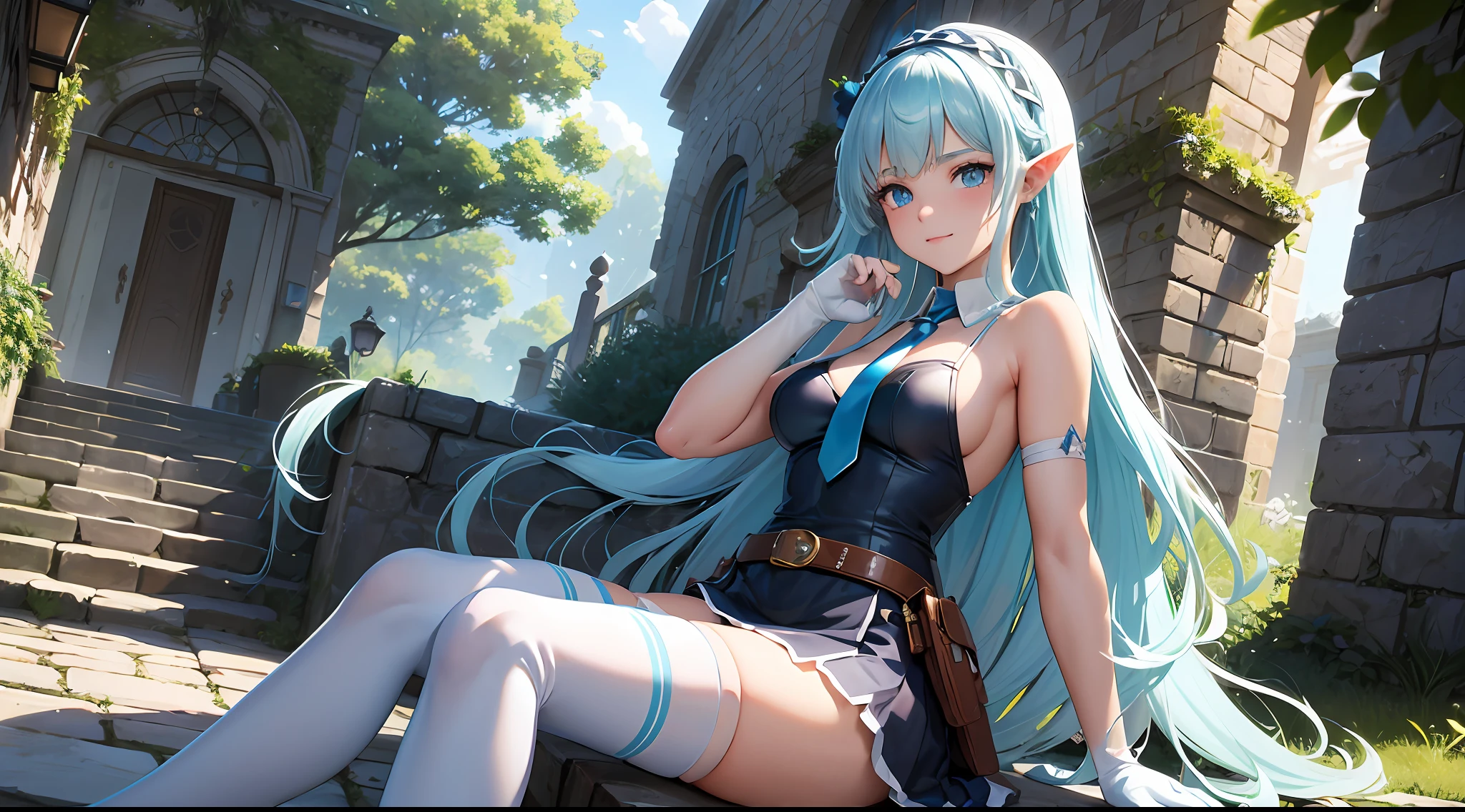 ((best quality))), (((masterpiece))), (Ultra-detailed:1.3), (Highres), Amazing, intricate, illustration, (artgerm:1.2), (((extremely detailed wallpaper 4k CG unity))), official art, intense angle, sunlight, (high contrast:1.2), (colorful), cinematic lighting, (an extremely detailed and beautiful:1.33),(cute:1.33), sitting, ([diamond:1.3|eyes]:1.2), big round eyes,([opal:1.9|gradient_hair:1.3]:1.2), (hair dripping:1.25), (detailed super oily shiny skin:1.2),([wet:0.8|mucus]), (detailed hands and fingers:0.9), cross_necklace,(innerboob cutout:1.2),(wet) clothes,(wet) thighhighs,1girl, long hair, solo, thighhighs, blonde hair, very long hair,blue hairband, absurdly long hair,blue eyes, bare shoulders,necktie, shirt, large breasts,light blue skirt, gloves, bangs, blue necktie, (white thighhighs:1.2), blue shirt, elbow gloves,pointy ears,zettai ryouiki, white gloves,braid,closed mouth, smile, boots,arm strap, belt, border, sleeveless shirt,Town, small town, stone walls, stone steps, vegetation, potted plants, green plants, dry plants, blue sky, good day, outdoor, earth walls, earth yellow walls, detailed background, clear background,Broken stones, shattered floors, sky, white clouds, thinking, (squatting:0.6), colorful birds, windows, streetlights, stone roads, floor tiles, fantasy, fantasy, Western fantasy, fantasy town, high contrast,simple background,