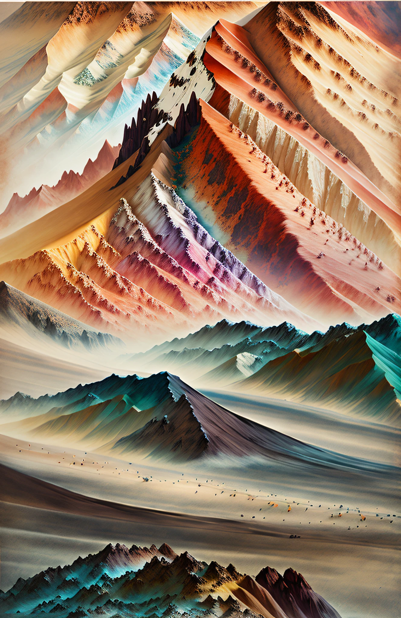 Mount Araffed, a mountain in the background, otherworldly colors, painted sand landscape, sand swirling, sand, earth tone, earth and pastel color, Andean mountains, dramatic earth color, volcanic landscape, 4k detail, 4k detail, Rudolf Schlicht, Werner Andematt, sand color