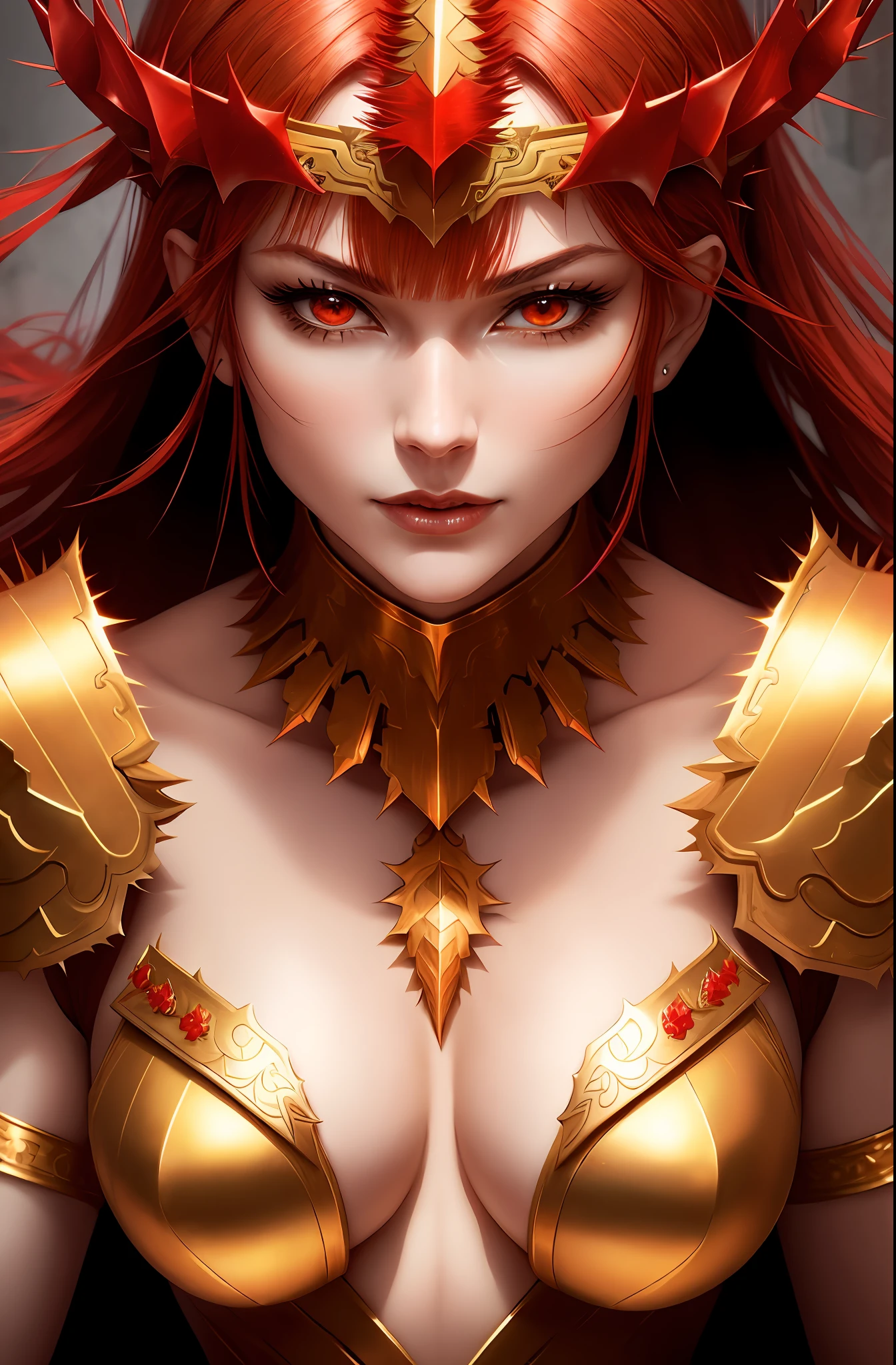 Gorgeous adult woman, sensual body, mature face, rectangular face, red hair with bangs and short small voluminous ponytail, robust sexy golden armor, tiara ornamented with thorns, fiery red eyes, facial expression of grandeur, power, authority, goddess, queen, large and firm breasts