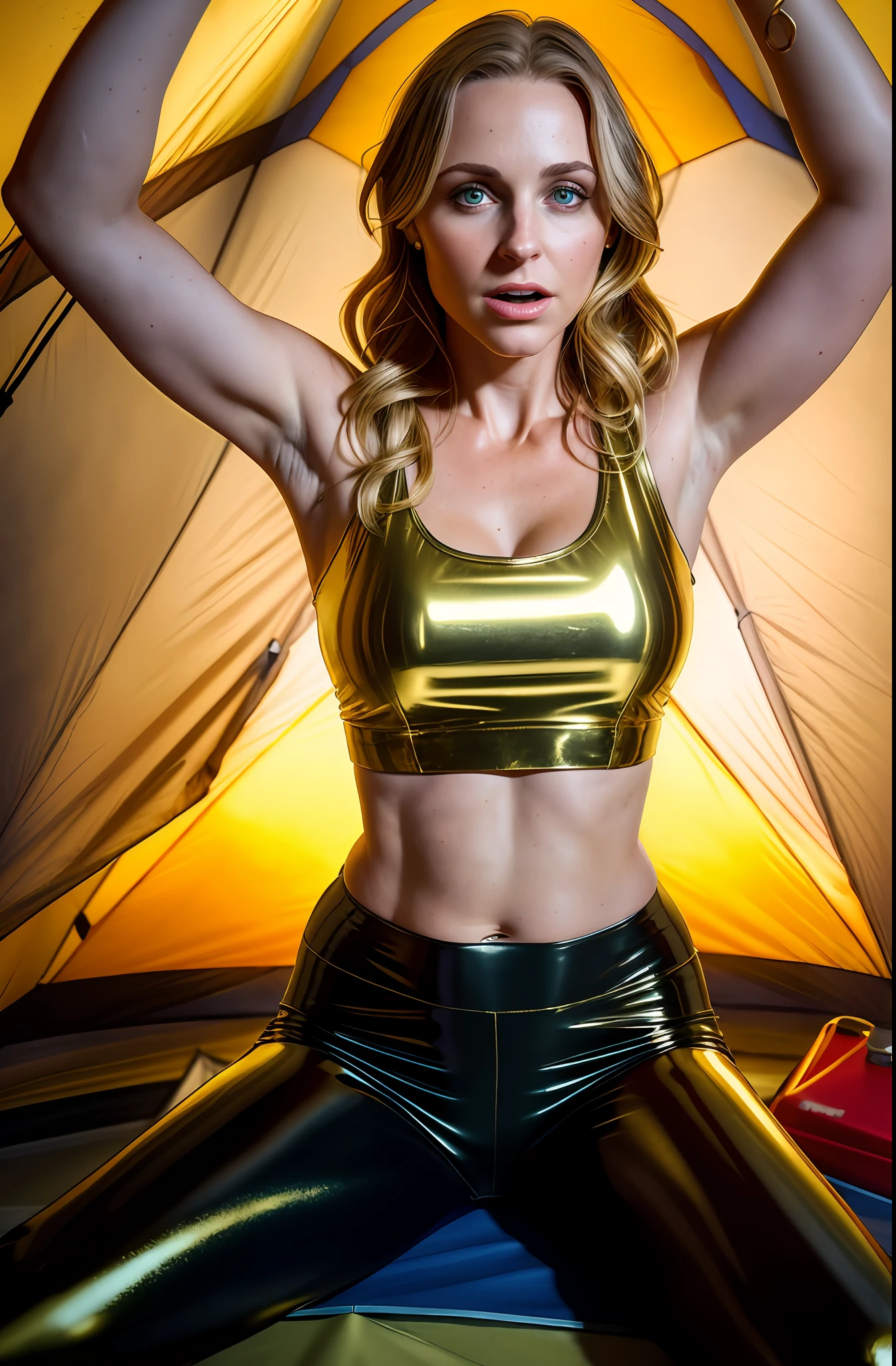 35-years-old woman, (in the late night forest), ((clothes: gold colored latex tank top and leggings)), ((anger face)), ((sitting in a camping tent)), slim body, (showing natural amazing huge cleavage), ((shaved armpits, showing underarm by hands up)), toned stomach, photorealistic, photography, masterpiece, realistic, realism, photorealism, high contrast, photorealistic digital art station (16k HD high definition details realistic, detail, skin texture), ultra detail, realistic skin texture, armature, best quality, ultra high definition, (photorealistic:1.4),, high resolution, detail, raw photo, sharp re, by Lee Jefferies Nikon D850 film stock photo 4 Kodak Portra 400 Camera F1.6 lens rich colors Ultra realistic textures Dramatic lighting Unreal Engine Trending at Art Station Cinestill 800