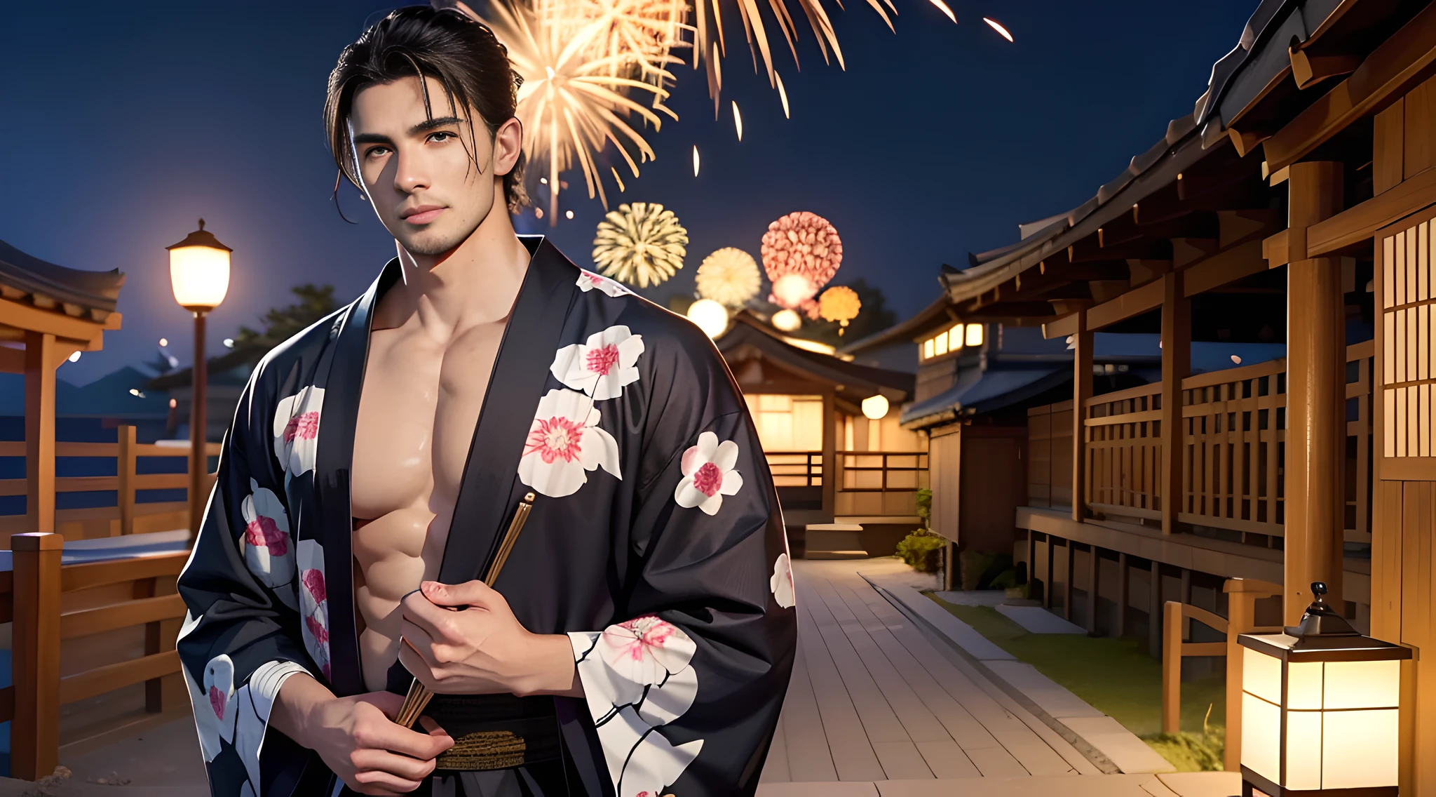 (head shot), (handsome muscular young man), (in his 30's of age), one tanned tall handsome muscular man in his 30's, wearing black Japanese YUKATA, A men's yukata is a casual Japanese summer garment. It is typically made of lightweight cotton or linen fabric and has a loose, kimono-style design. The yukata is worn by men for various occasions, such as summer festivals, fireworks displays, or relaxing at traditional hot spring resorts. It features a simple, straight-cut silhouette, with wide sleeves and a wraparound style secured by a narrow belt called an "obi." Men's yukata designs often incorporate traditional patterns, such as stripes, geometric motifs, or nature-inspired prints. When wearing a yukata, men may pair it with geta sandals and complete the look with a simple accessory like a folding fan. The yukata provides a comfortable and stylish option for men to enjoy the summer season in Japan. many fireworks in the background, mischievous smile, (high detail:1 1)、big male genitals under bikini, Natural muscle、highly quality、beautiful eye、(detailed face and eyes)、(faceless:1 2)、noise、real photo、...PSD、sharp focus、high resolution 8k、Realistic and professional photos、8K UHD、soft lighting、highly quality、film grain、Fujifilm XT3