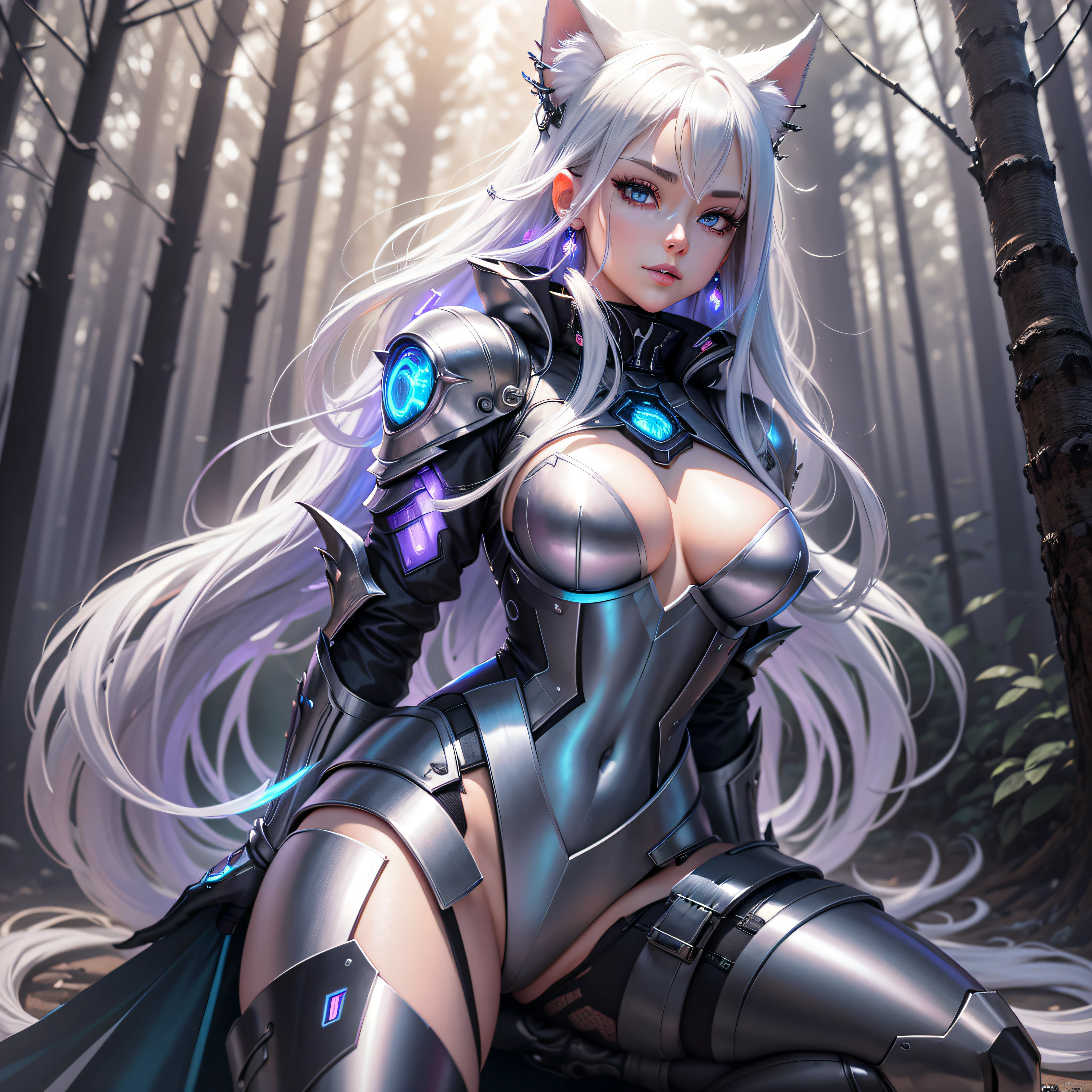 Life like sexy anime cyborg cat girl with long white hair and blue eyes, full body portrait, white and black battle dress, battle armor, life like characteristics,ultra realism, Soft smile, riding a mystical black dragon,apocalyptic background, naughty pose, hyper realistic, 3 d anime realistic, advanced digital anime art,extremely detailed art germ, 8k high quality detailed art, solo,full body portrait, amazing beauty,, dynamic pose, delicate face, vibrant eyes, (from the front), silver hair, streaked hair, very long hair, expressive hair, multicolored eyes, aqua eyes, purple eyes, fox ears,heart earrings, earrings, light smile, shy, blush, parted lips, licking lips, heavy breathing, naughty face, naughty, sparkle, god rays, super detail, high quality, anatomically correct, textured skin, best quality,full body portrait,silver wolf,seen from below,guweiz on artstation pixiv, forest back ground, resolution 4098x2160, 8k --auto --s2