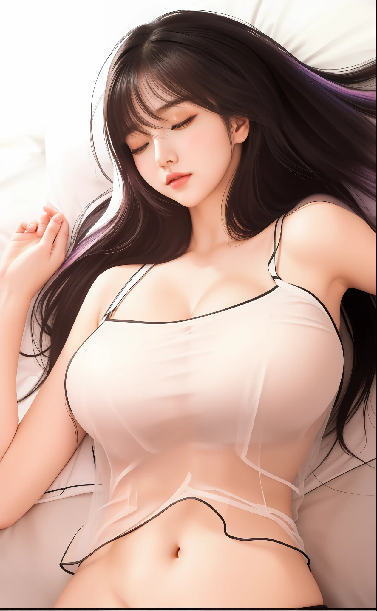 An Idol k-pop girl, cute girl, sexy girl, white braid hair, intricate face details, detailed face, golden ratio face, big breast, big butt, big hip, big thighs, full body, 64K, UHD, HDR, high quality, high detailed, hyper detailed, extremely detailed, photo realistic, ultra realistic, art photo, clarify the details, detailed parts body, intricate artwork masterpiece, trending on artstation, she is sleeping, see through clothes, detailed hands, on the bed