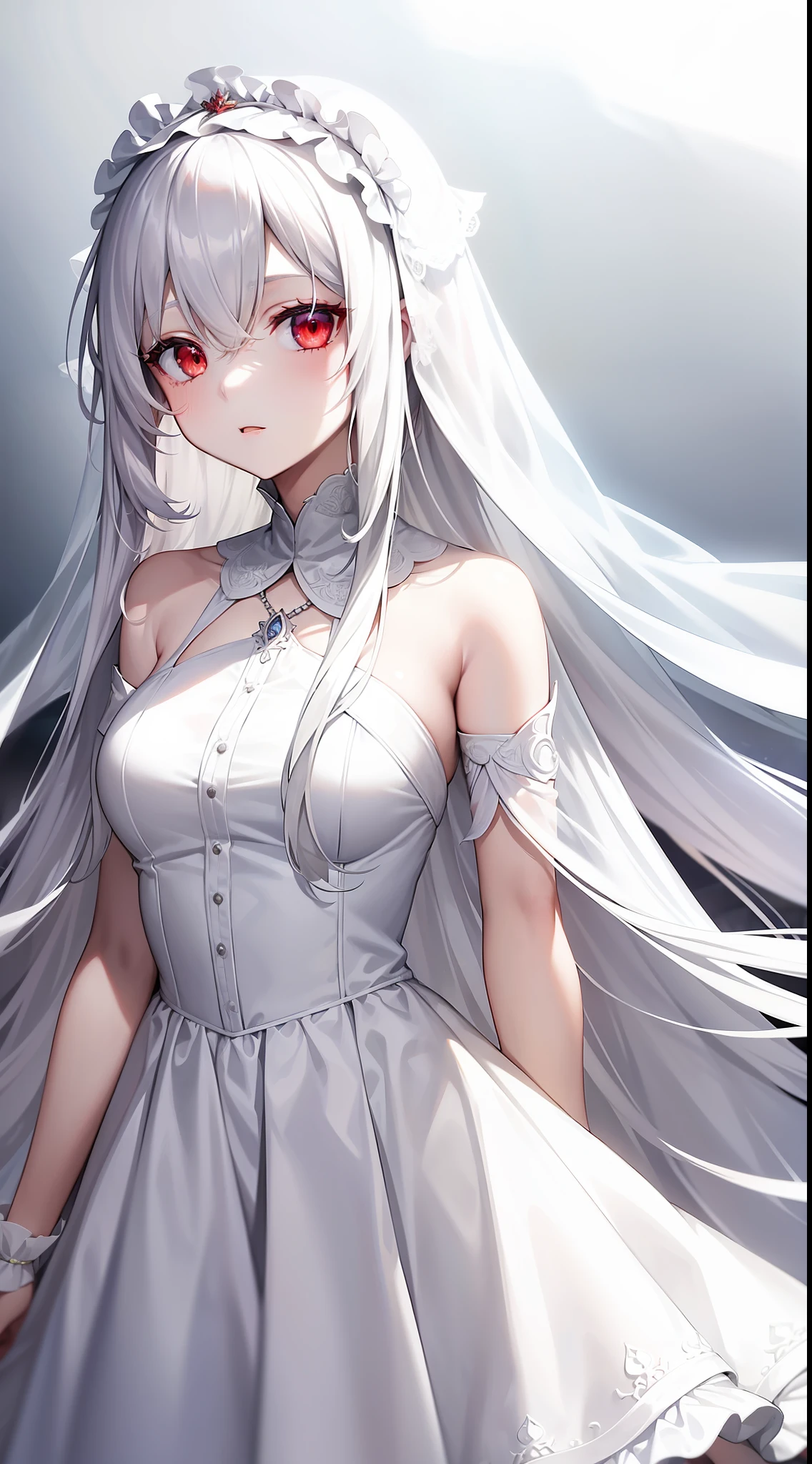 Young girl, long white hair, sloppy hair, red eyes, pale skin, white open dress, translucent dress, veil, masterpiece, high quality