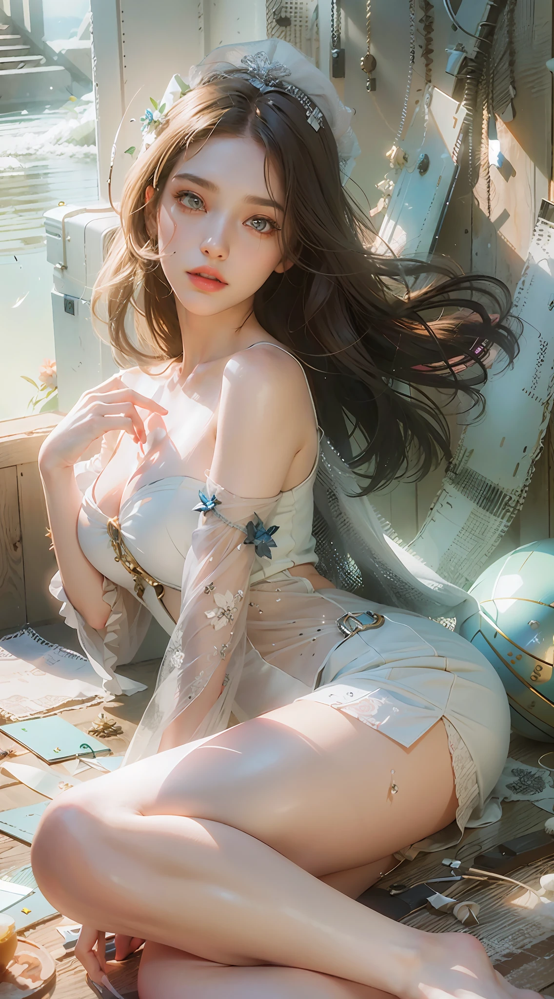 ((Best Quality)), ((Masterpiece)), (Details: 1.4), 3D, (Light Brown Super Long Hair, Messy Hair: 1.9), (White Dress: 1.7), (Slippers: 1.8) (Black Pupil: 1.5), Two Long Legs, HDR (High Dynamic Range), Ray Tracing, NVIDIA RTX, Super-Resolution, Unreal 5, Subsurface Scattering, PBR Textures, Post-processing, Anisotropic Filtering, Depth of field, maximum sharpness and sharpness, multi-layered textures, albedo and specular mapping, surface shading, accurate simulation of light-material interactions, perfect proportions, Octane Render, two-color light, large aperture, low ISO, white balance, rule of thirds, 8K RAW,