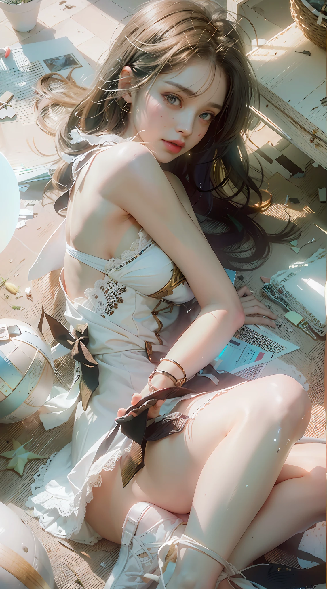 ((Best Quality)), ((Masterpiece)), (Details: 1.4), 3D, (Light Brown Super Long Hair, Messy Hair: 1.9), (White Dress: 1.7), (Slippers: 1.8) (Black Pupil: 1.5), Two Long Legs, HDR (High Dynamic Range), Ray Tracing, NVIDIA RTX, Super-Resolution, Unreal 5, Subsurface Scattering, PBR Textures, Post-processing, Anisotropic Filtering, Depth of field, maximum sharpness and sharpness, multi-layered textures, albedo and specular mapping, surface shading, accurate simulation of light-material interactions, perfect proportions, Octane Render, two-color light, large aperture, low ISO, white balance, rule of thirds, 8K RAW,