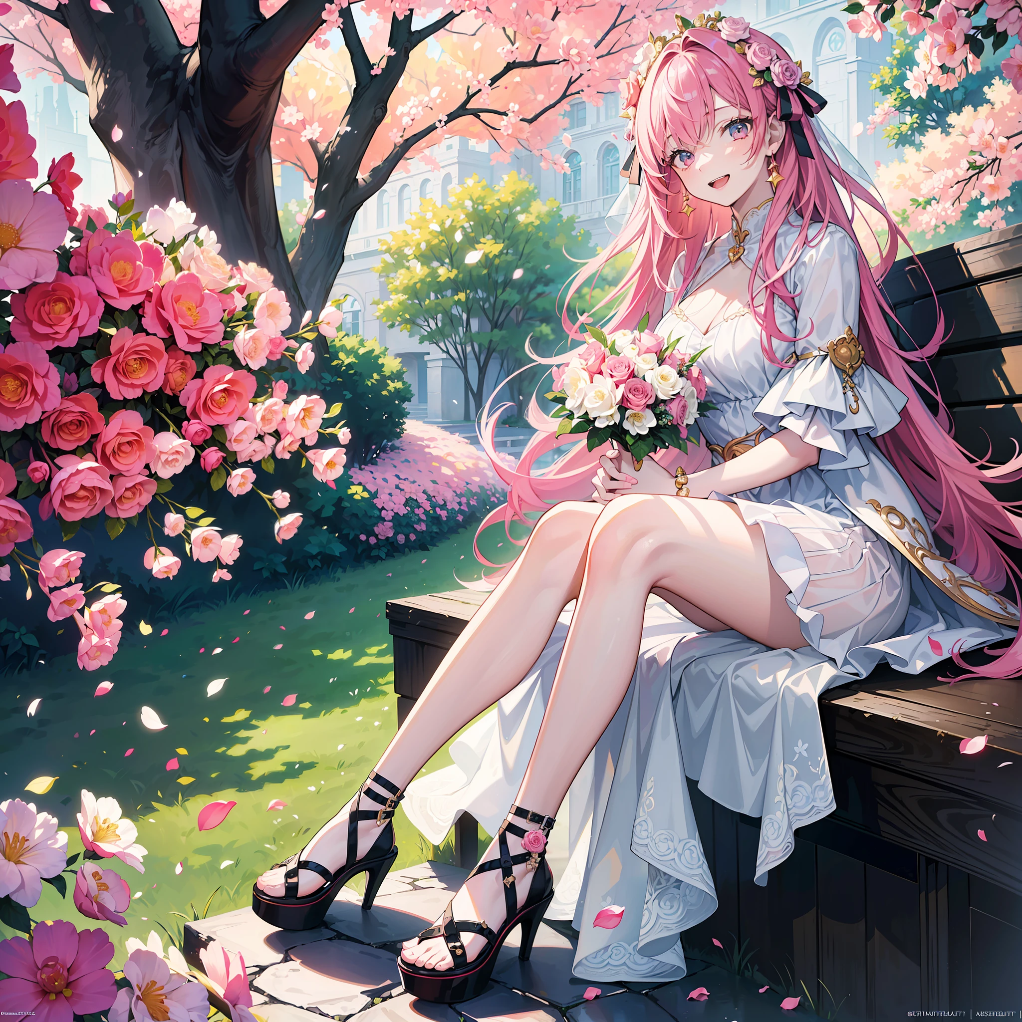 (masterpiece, top quality, highest quality, official art, beautiful aesthetics, 1 woman, :1.2), 1 girl, happy expression, beautiful face, kind, fun, happy, with bouquet, casual clothes, pink long hair, high heel sandals, see here, park full of flowers, 8k wallpaper
