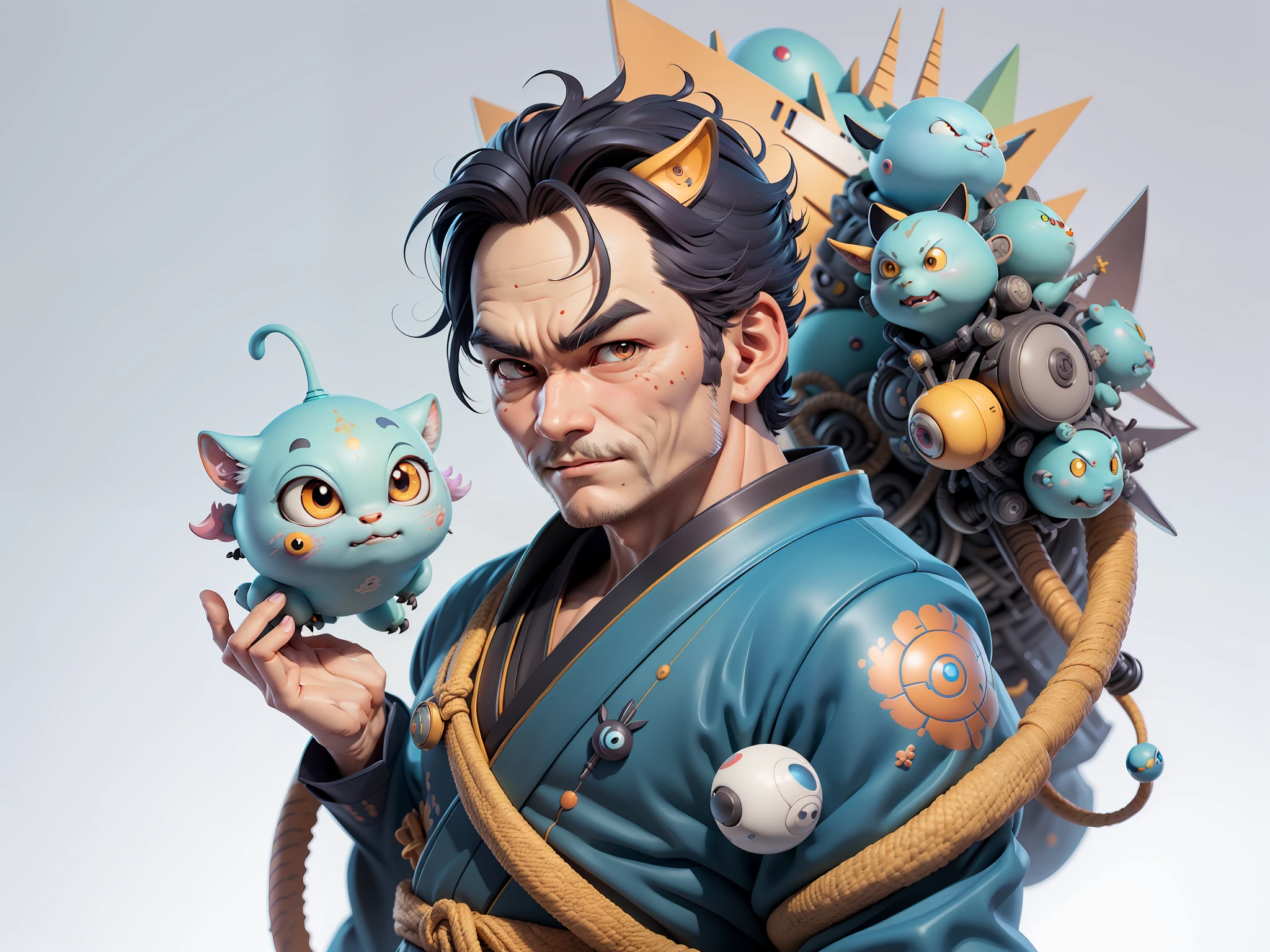 (Masterpiece), (Excellent), (Super Meticulous), (Full Body: 1.2), Super Young Man, Oriental Face, Japanese Kimono, Japanese Wind Thunder God, Dragon, Tiger, TV Anchor, Bust Portrait Illustration, Alone, Black Suit, Blue Tie, Slightly Chubby Face, Very Clean Face, No Beard, Black Super Short Hair, Black Eyes, Confident Smile, 3c Computer Sub-Products, iPad, iPhone, Digital Painting, 3D Character Design by Akira Toriyama and Mark Claireden and Pixar and Hayao Miyazaki, The illustration is a high-definition illustration in 4K resolution with very detailed facial features and cartoon-style visuals.