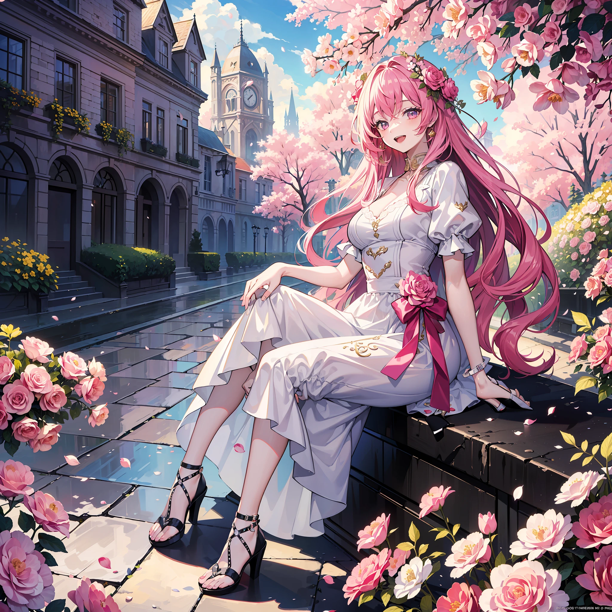 (masterpiece, top quality, highest quality, official art, beautiful aesthetics, 1 woman, :1.2), 1 girl, happy expression, beautiful face, kind, fun, happy, with bouquet, casual clothes, pink long hair, high heel sandals, see here, park full of flowers, 8k wallpaper