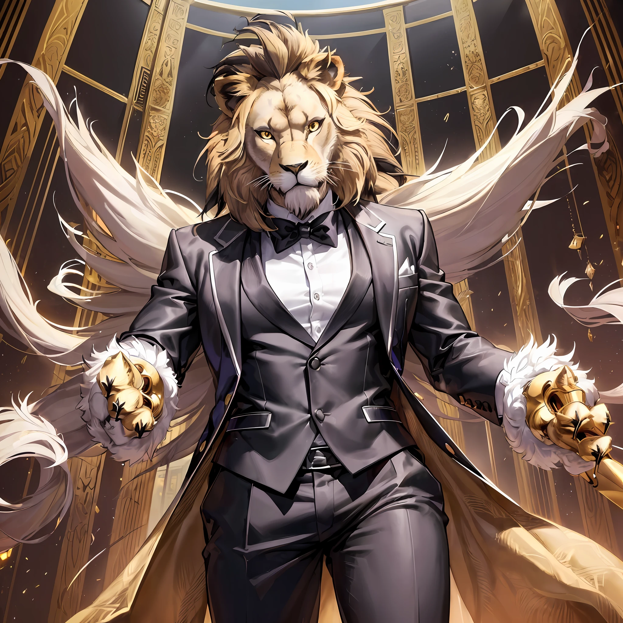 top quality ultra-fine illustrations, Reality and vitality, Expression of dense muscles, Coats that skillfully reflect light, dynamism, energy, elegance, Luxury, Harmony with space, Passionate expressiveness(classic concert, opera house, Backlighting)(highly detailed beautiful face and eyes)absurdres, perfect anatomy((beast man, solo focus, sharp focus)) (furry, tuxedo) (furry anthro:1.7) ((((Furry body, male lion facial features, male lion body features)))) ((Male lion's muzzle, very detailed fur))full body, Fighting pose, invincible smile (portrait),