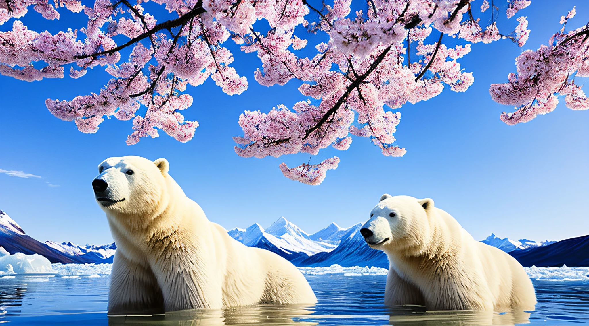 "(((masterpiece)))), better quality, excellent lighting and shade, a cherry blossom in full bloom in an arctic tundra, bathing petals in a polar bear"