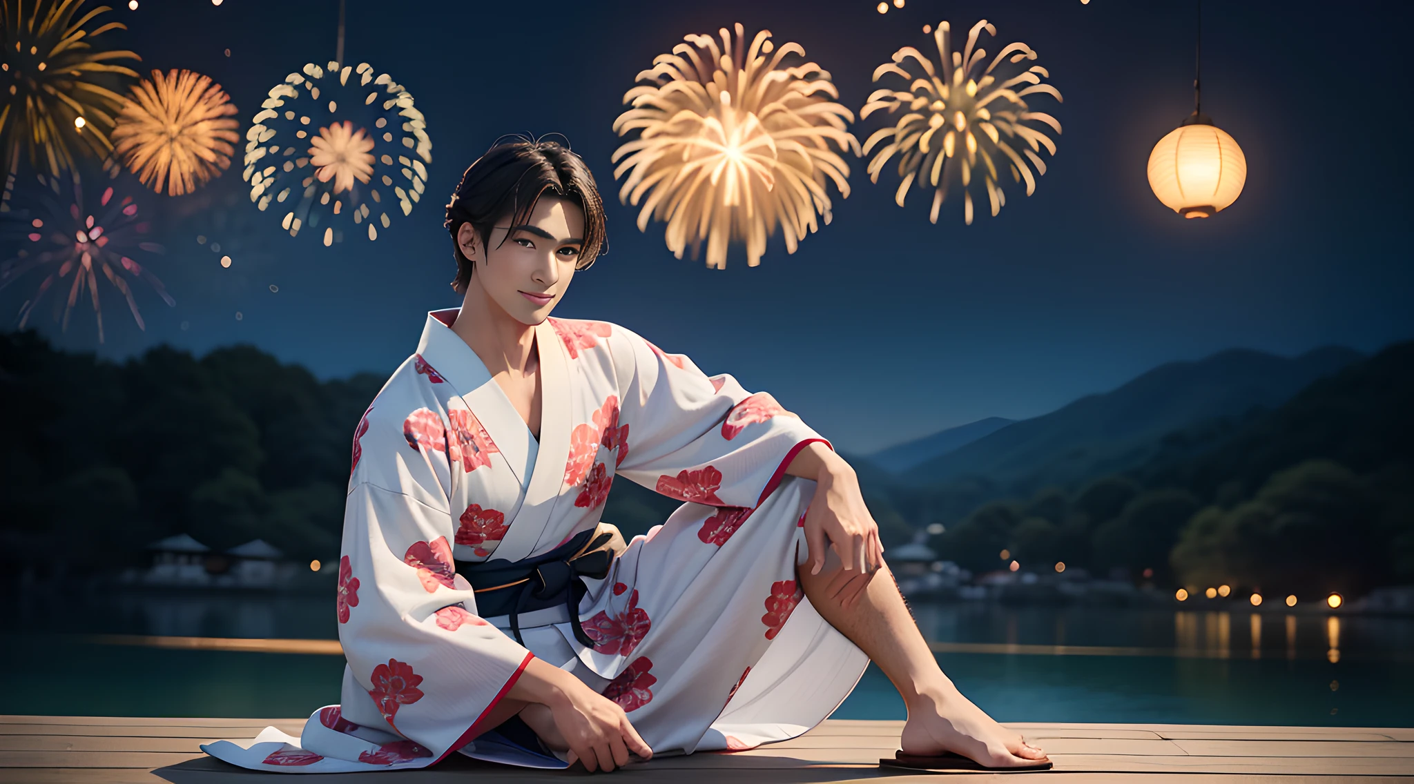 (head shot), (handsome muscular young man), (in his 30's of age), one tanned tall handsome muscular man in his 30's, wearing black Japanese YUKATA, A men's yukata is a casual Japanese summer garment. It is typically made of lightweight cotton or linen fabric and has a loose, kimono-style design. The yukata is worn by men for various occasions, such as summer festivals, fireworks displays, or relaxing at traditional hot spring resorts. It features a simple, straight-cut silhouette, with wide sleeves and a wraparound style secured by a narrow belt called an "obi." Men's yukata designs often incorporate traditional patterns, such as stripes, geometric motifs, or nature-inspired prints. When wearing a yukata, men may pair it with geta sandals and complete the look with a simple accessory like a folding fan. The yukata provides a comfortable and stylish option for men to enjoy the summer season in Japan. many fireworks in the background, mischievous smile, (high detail:1 1)、big male genitals under bikini, Natural muscle、highly quality、beautiful eye、(detailed face and eyes)、(faceless:1 2)、noise、real photo、...PSD、sharp focus、high resolution 8k、Realistic and professional photos、8K UHD、soft lighting、highly quality、film grain、Fujifilm XT3