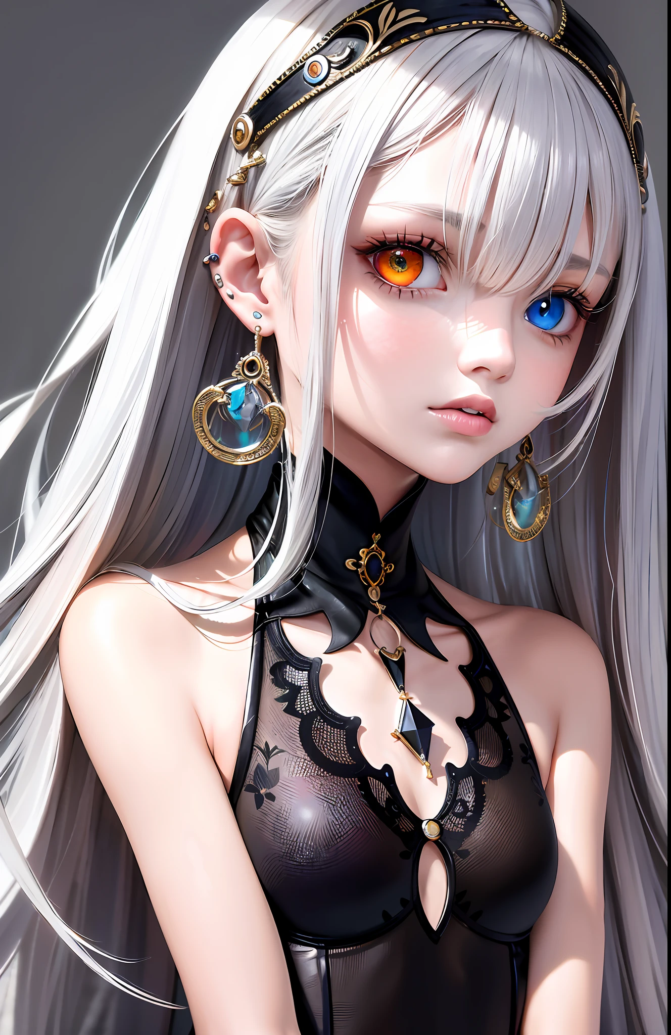 Best, Masterpiece, High Resolution, Best Quality, Ultra HD, Super Detail, Award-Limited, 16k, (Upper Body), Beautiful Girl, Gray Hair, Hair Strands, ((Heterochromia)), Hanging Eye Corners, Fair Skin, (Small), (Slim Body), ((Habit)), Stud Earrings, (Neck Ring)