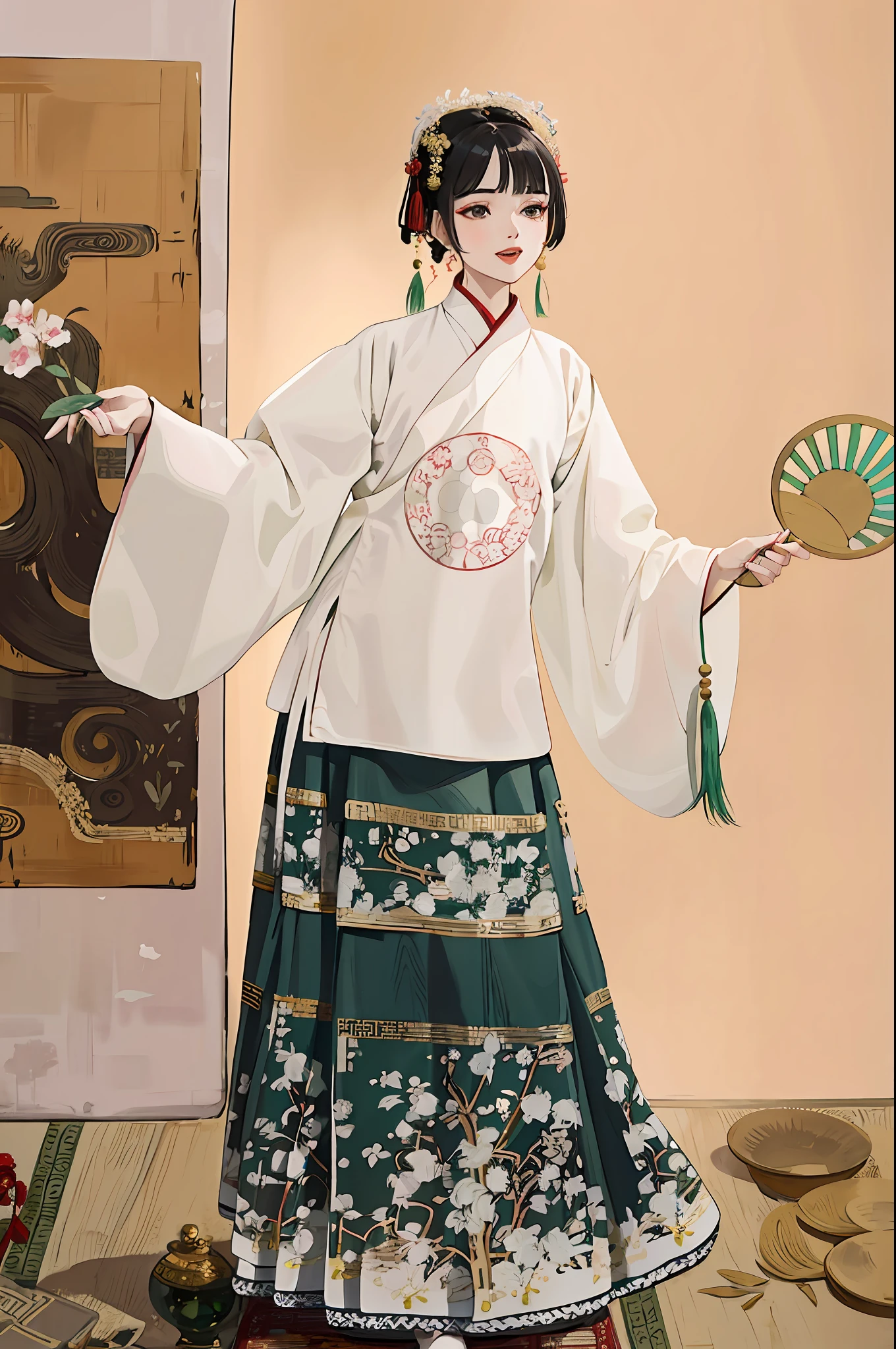 araffe dressed in a traditional chinese dress holding a fan, hanfu, white hanfu, wearing ancient chinese clothes, traditional chinese clothing, palace , a girl in hanfu, with acient chinese clothes, wearing ornate silk clothes, ancient chinese princess, ancient china art style, chinese costume, with ancient chinese aesthetic, intricate geisha kimono, traditional chinese