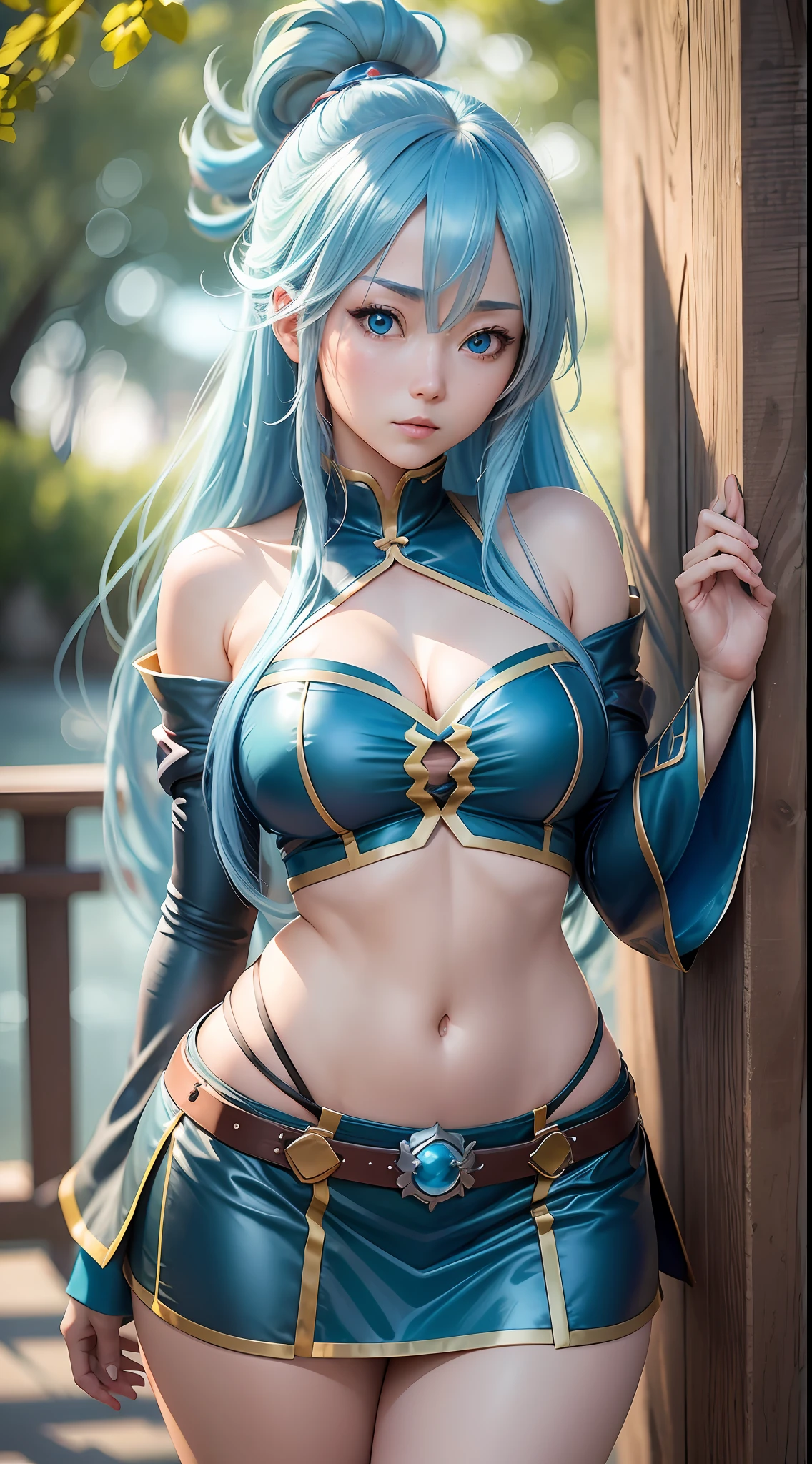 An extremely beautiful and realistic adult Japanese woman wearing Aqua's cosplay from the konosuba anime, blue eyes, long blue hair, looking at the viewer, 8k, raw photo, best quality, masterpiece --auto --s2