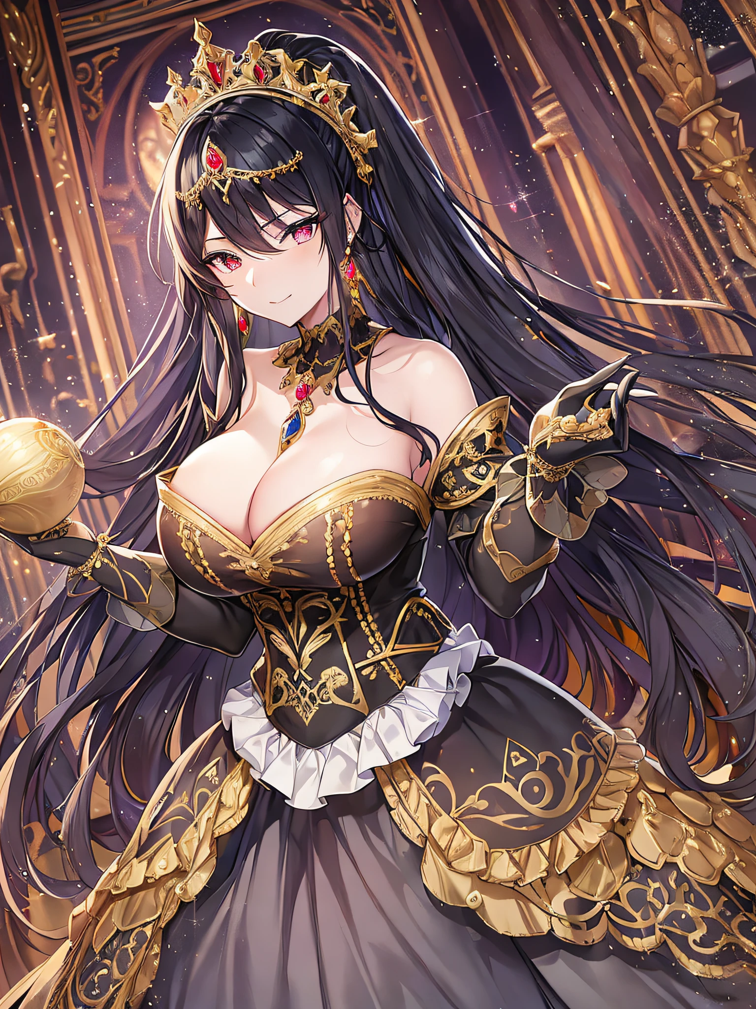 ((anime moe artstyle)),((Masterpiece)), (Best Quality), (Super Detail), Illustration, (((Very Delicate and Beautiful))),Dynamic Angle,Looking at viewer,((((Solo)))),(((Full body))),(((1 arrogant cute empress in black ball gown))),((holding a scepter in one hand)),(standing),dominant pose,(arrogant),(((haughty smile))),Purple eyes,(Sharp eyes),Detailed Face, Long Eyelashes,Jet Black Hair,Straight Hair,((Very Long Hair)),Bangs between eyes,((((gigantic breasts)))),cleavage,((skindentation)),curvy,off shoulder,See-through,(gorgeous embroidered black and gold rococo ball gown),(fluffy rococo ball gown with gorgeous embroidery),(((hoop skirt))),long skirt,corset,crinoline,opera gloves,Beautifully Gorgeous jeweled big tiara,Beautifully Gorgeous gem earrings,Beautifully Gorgeous jeweled necklace,Beautifully Gorgeous jeweled ornaments,indoor,light particles,royal palace,