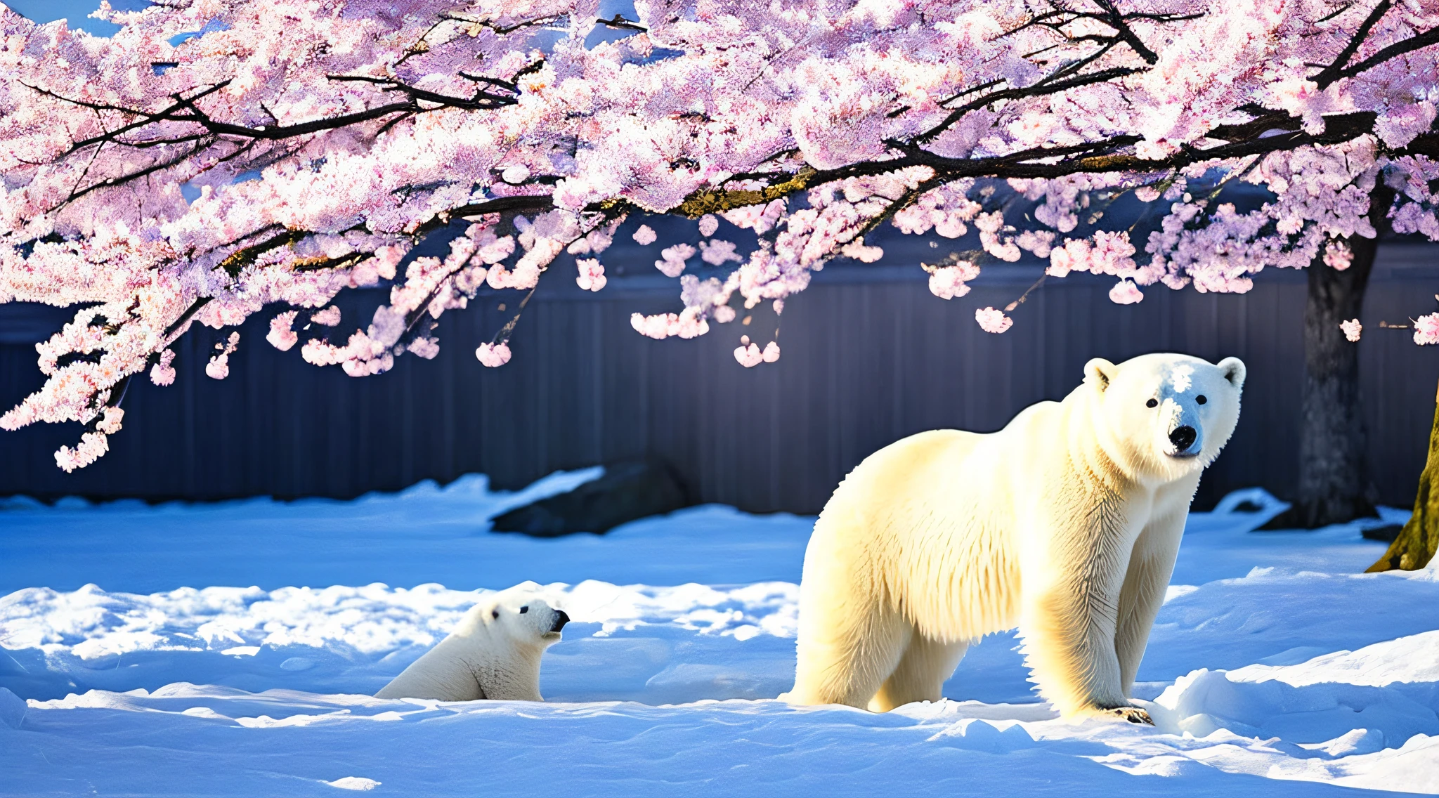"(((masterpiece)))), better quality, excellent lighting and shade, a cherry blossom in full bloom in an arctic tundra, bathing petals in a polar bear"