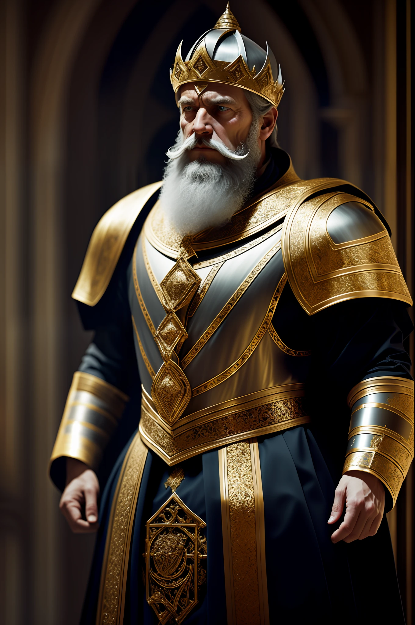 best quality, 500px, cgsociety, 8k, raw photo of (cute: 1.2) human king, wearing noble clothes, king's armor, 40yo, beard, in castle, full body, ambient light, backlight, volumetric lighting, realistic, realistic lighting, cinematic lighting, depth of field, sharp focus, (high contrast: 1.2), (film grain), imposing presence, dark aura, tall stature, robust, penetrating look, Scar on the face, air of mystery, dressed in costumes of nobility, details in dark tones
