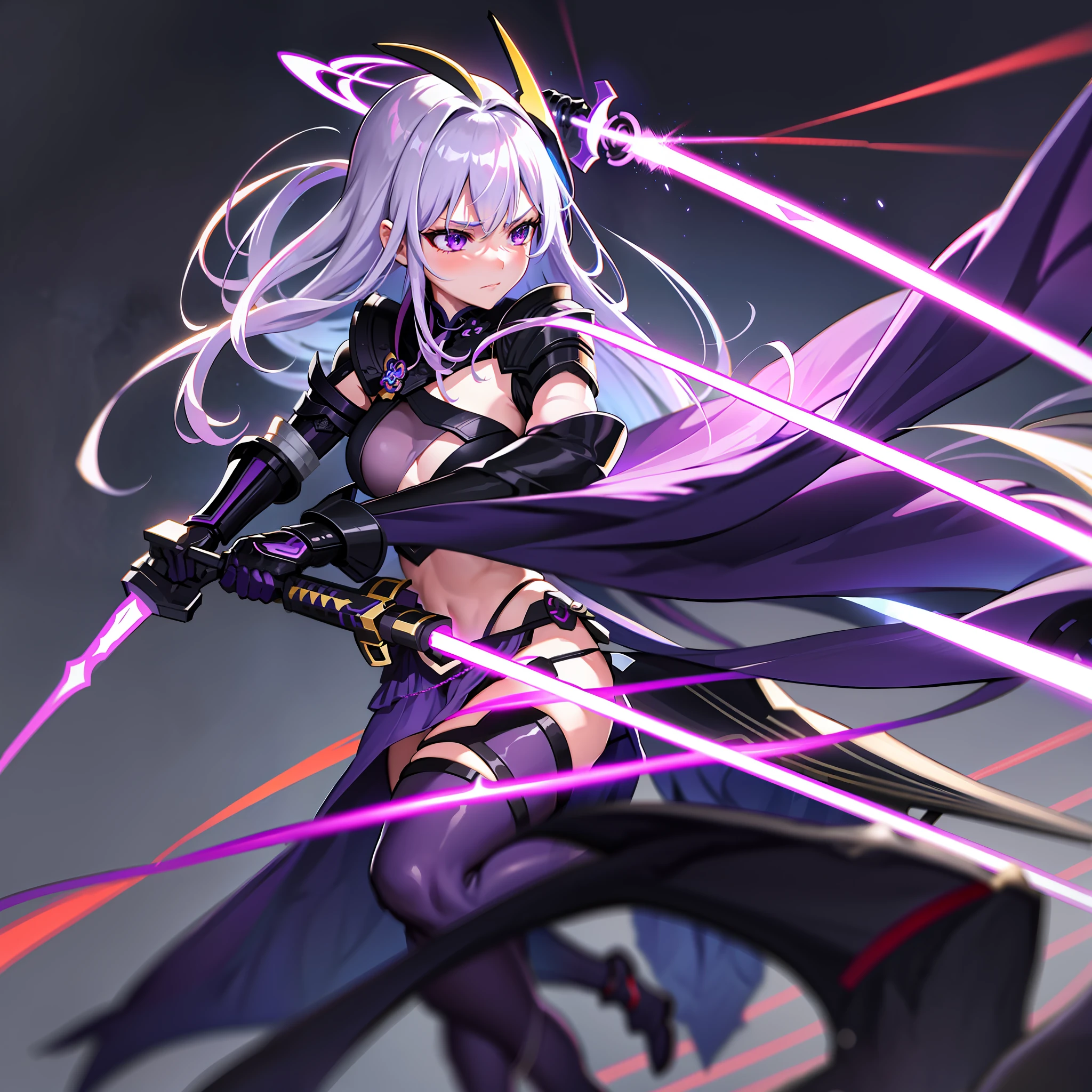 raiden shogun, 1girl, storm, masterpiece, best quality, long hair,purple hair, gloves,purple eyes, thighhighs, holding holding sword, detached sleeves, black gloves, japanese armor, kimono, lightning, halo, neon wings