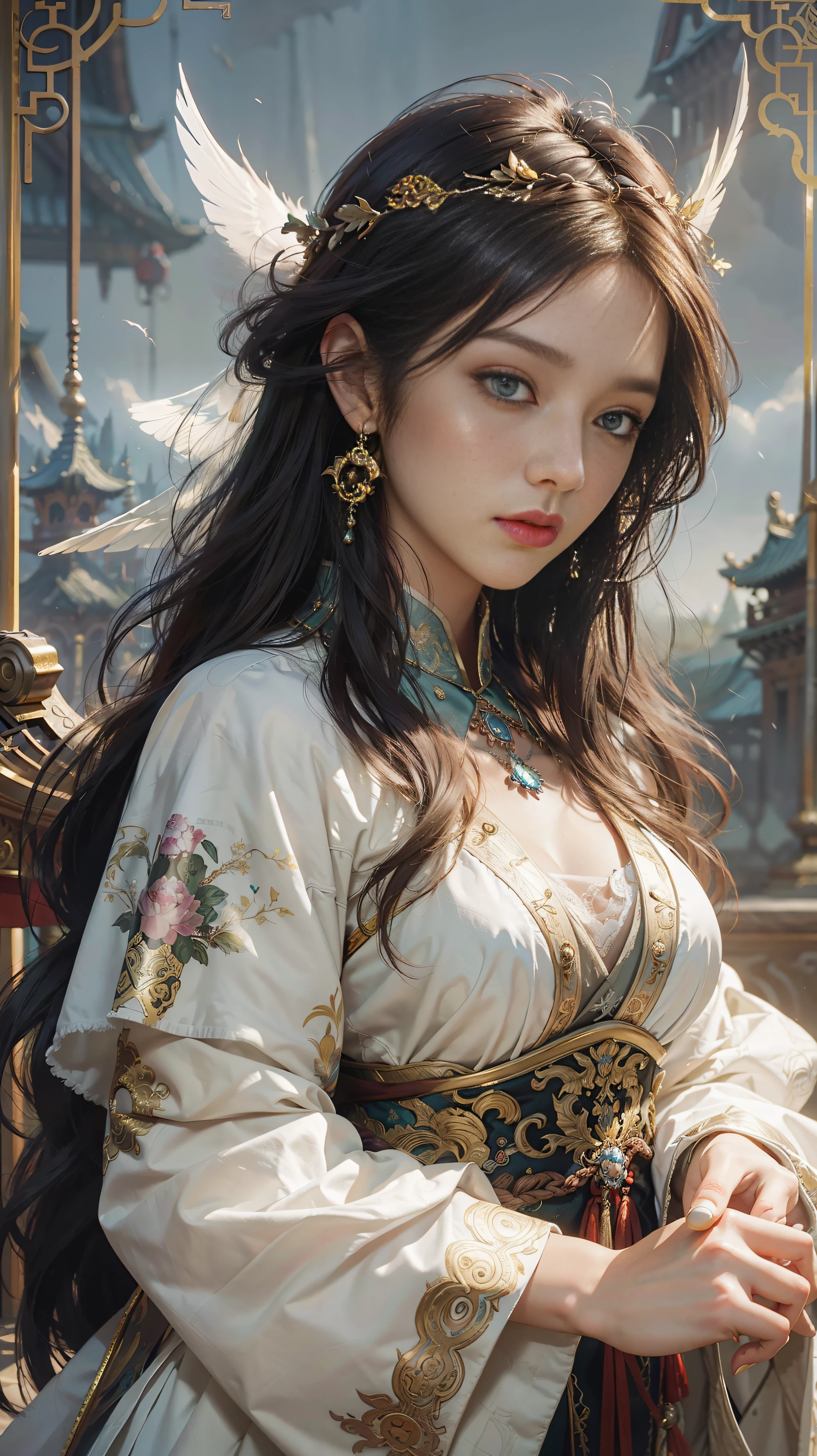 High quality, masterpiece, masterpiece, exquisite facial features, exquisite hair, exquisite eyes, exquisite color hair, 4K picture quality, gorgeous light and shadow, Tyndall effect, halo, messy hair, young state, gorgeous scene, exquisite clothes, chains, feathers, ancient chinese beauty with big eyes very detailed, digital painting, artstation, concept art, sharp focus, illustration, art by greg rutkowski and alphonse mucha and victo ngai