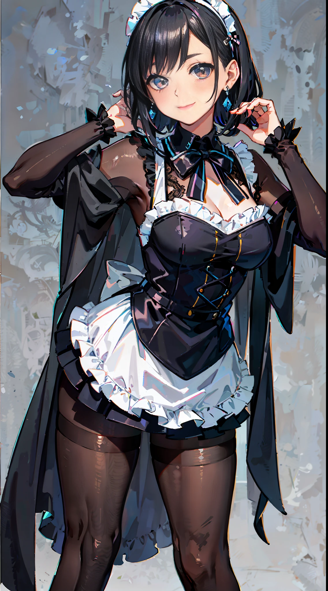 Painted smoky makeup, eye shadow, maid girl, silky hair, wearing hair accessories and earrings, sweet smile. She wore a maid skirt, a wool shawl, pantyhose, bent over high heels, and lace gloves. The scene is random.