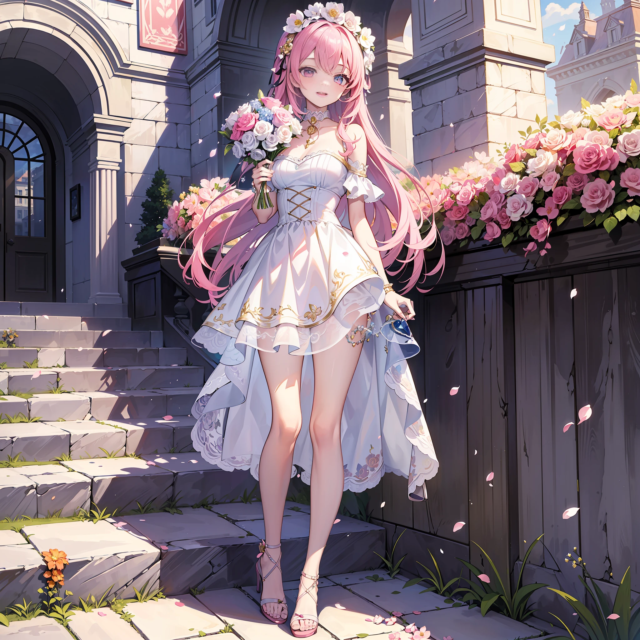 (masterpiece, top quality, highest quality, official art, beautiful aesthetics, 1 woman, : 1.2), 1 girl, shining jewel-like eyes, happy expression, beautiful face, kind, happy, happy, holding a bouquet, casual clothes, pink long hair, high heel sandals, see here, park full of flowers, 8k wallpaper