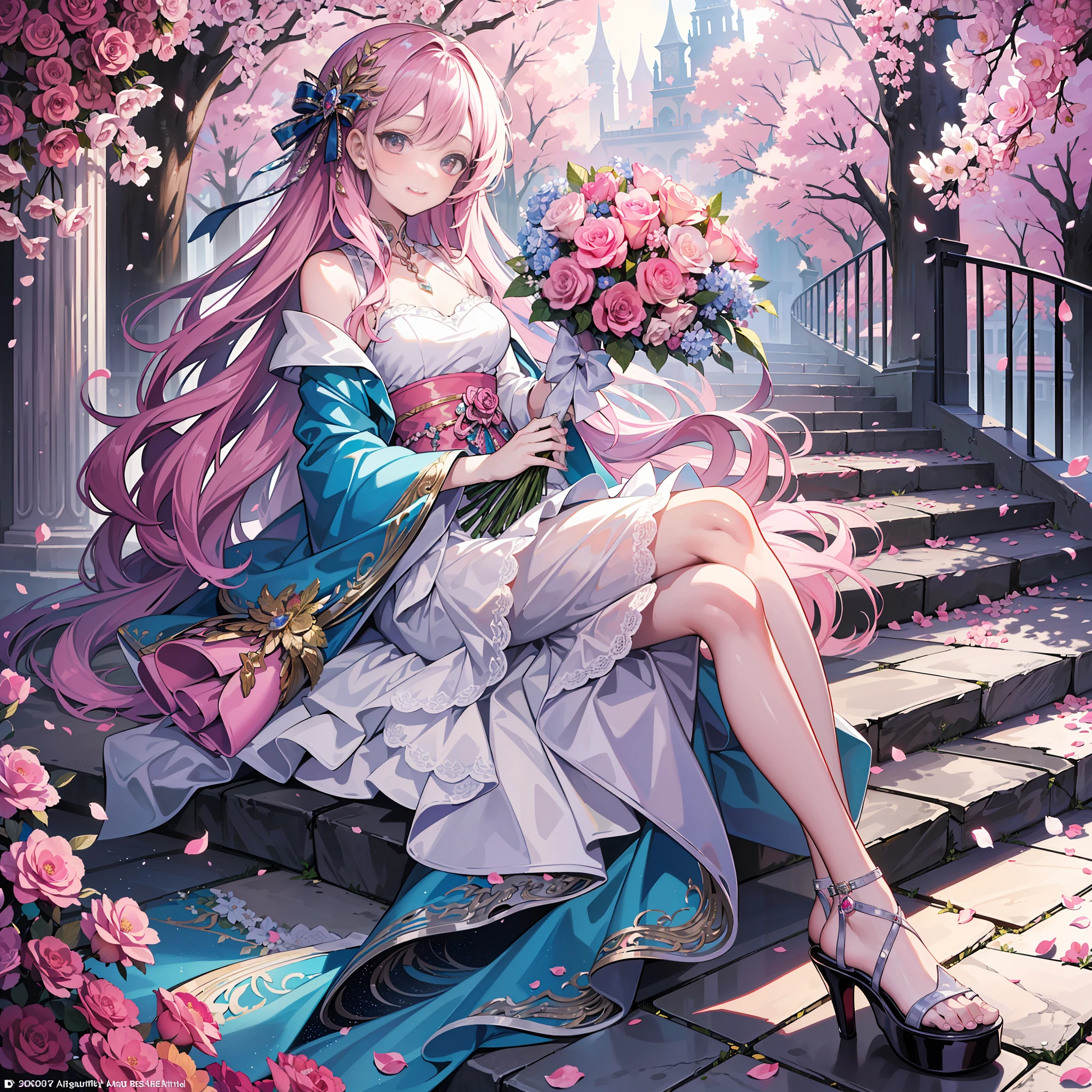 (masterpiece, top quality, highest quality, official art, beautiful aesthetics, 1 woman, : 1.2), 1 girl, shining jewel-like eyes, happy expression, beautiful face, kind, happy, happy, holding a bouquet, casual clothes, pink long hair, high heel sandals, see here, park full of flowers, 8k wallpaper
