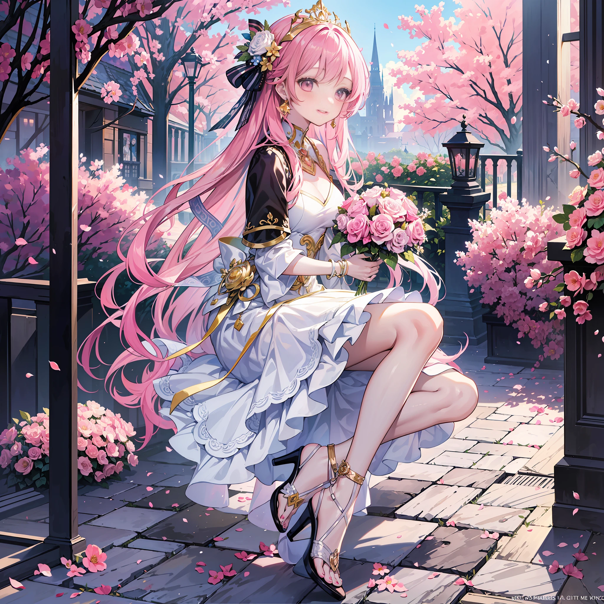 (masterpiece, top quality, highest quality, official art, beautiful aesthetics, 1 woman, : 1.2), 1 girl, shining jewel-like eyes, happy expression, beautiful face, kind, happy, happy, holding a bouquet, casual clothes, pink long hair, high heel sandals, see here, park full of flowers, 8k wallpaper