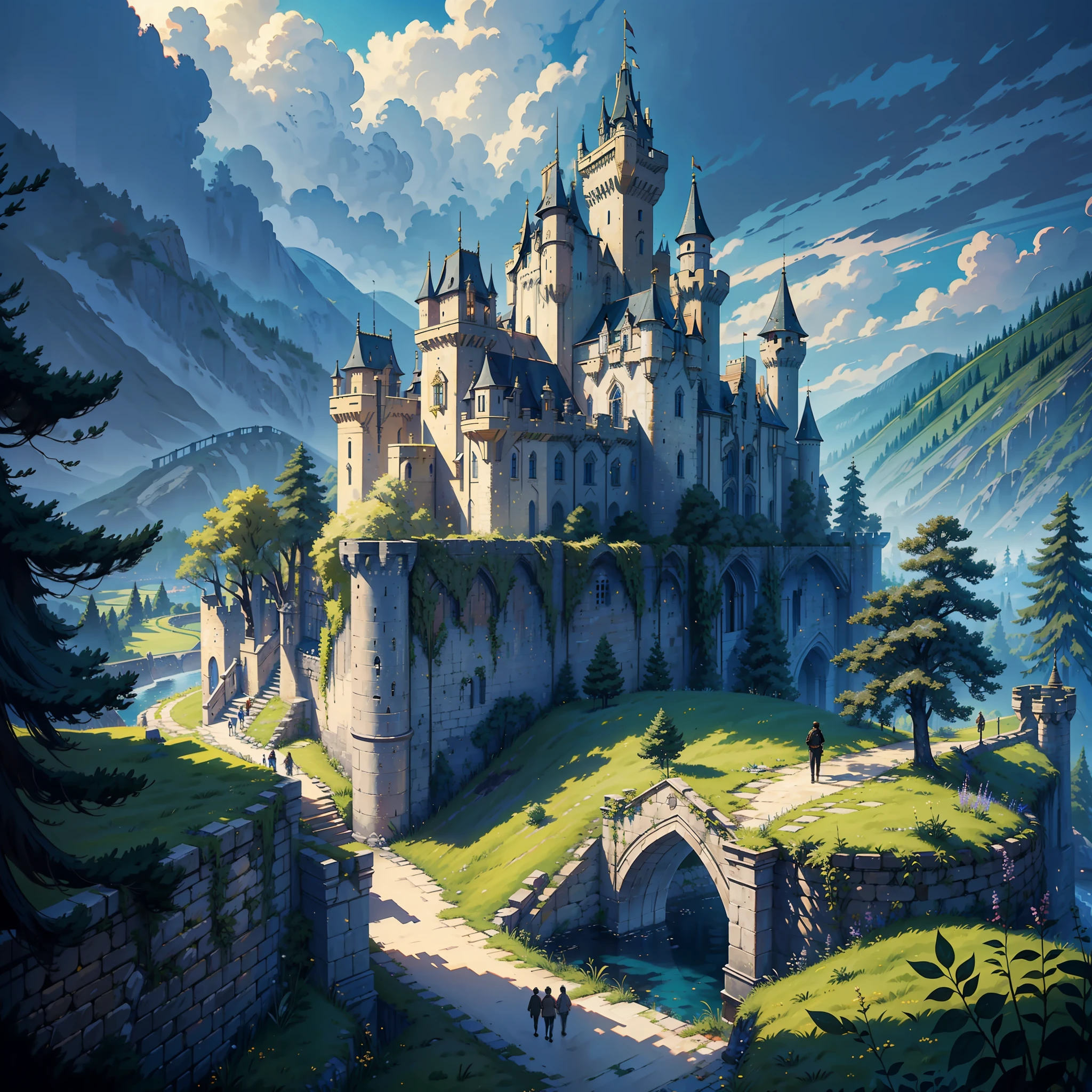 ((realistic: 1.5)),((best quality)), ((masterpiece)),((detailed)), scenery, a castle made of gold in the center, many forests and gardens inside the castle, walls around the castle, poor towns around, sewers, poverty, grey sky
