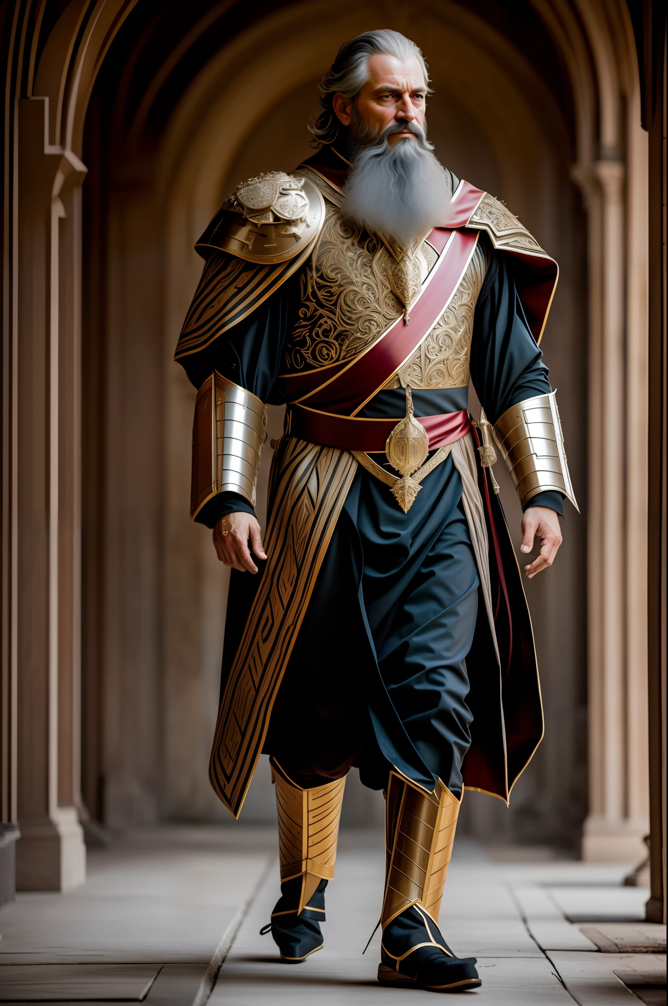 best quality, 500px, cgsociety, 8k, raw photo of (cute: 1.2) human king, wearing noble clothes, king's armor, 40yo, beard, in castle, full body, ambient light, backlight, volumetric lighting, realistic, realistic lighting, cinematic lighting, depth of field, sharp focus, (high contrast: 1.2), (film grain), imposing presence, dark aura, tall stature, robust, penetrating look,  Scar on the face, air of mystery, dressed in costumes of nobility, details in dark tones