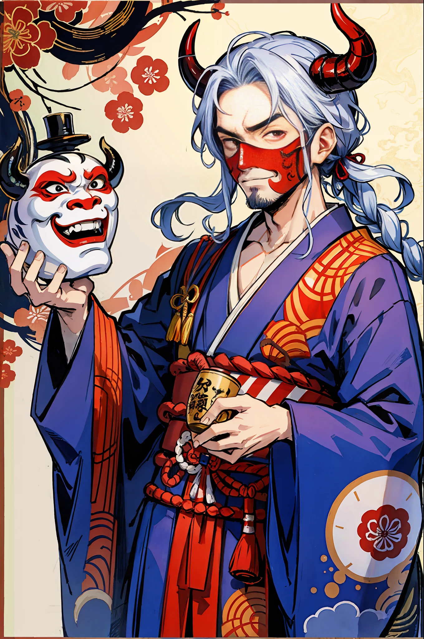 (highest quality), Sake Drinker, Handsome, Wearing a Demon Mask, Yokai, Half Face Demon, Japan
