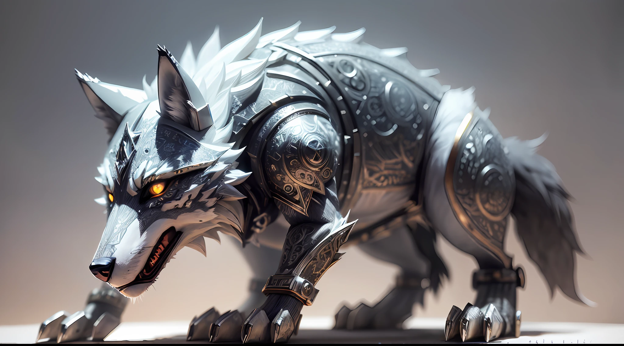 A cute wolf made of metal, (cyborg:1.1), ([tail|detailed wire]:1.3), (intricate detail), hdr, (intricate detail, hyperdetailed:1.2), cine lens, vignette , centered --auto --s2