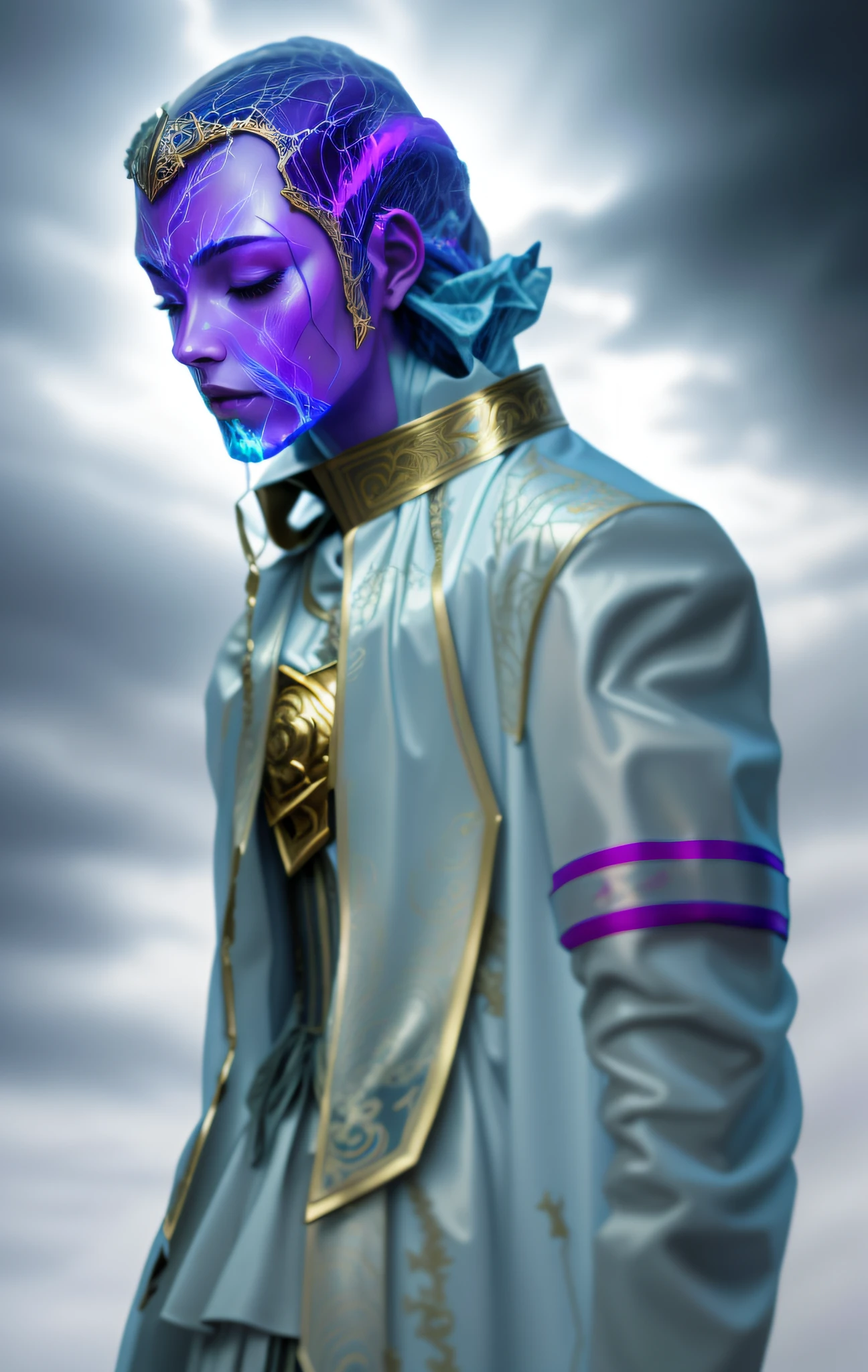 A stern Eldritch god in a night storm, wearing a star cloak, [[Sophia Anne Caruso]], [Zendaya], Eldritch terrifying translucent ivory masquerade mask, erotic pose, eyes closed, movie lights, (by Daniel Mernagh (Carne Griffiths) Monika Nowak), highly detailed, detailed face, soft body,
