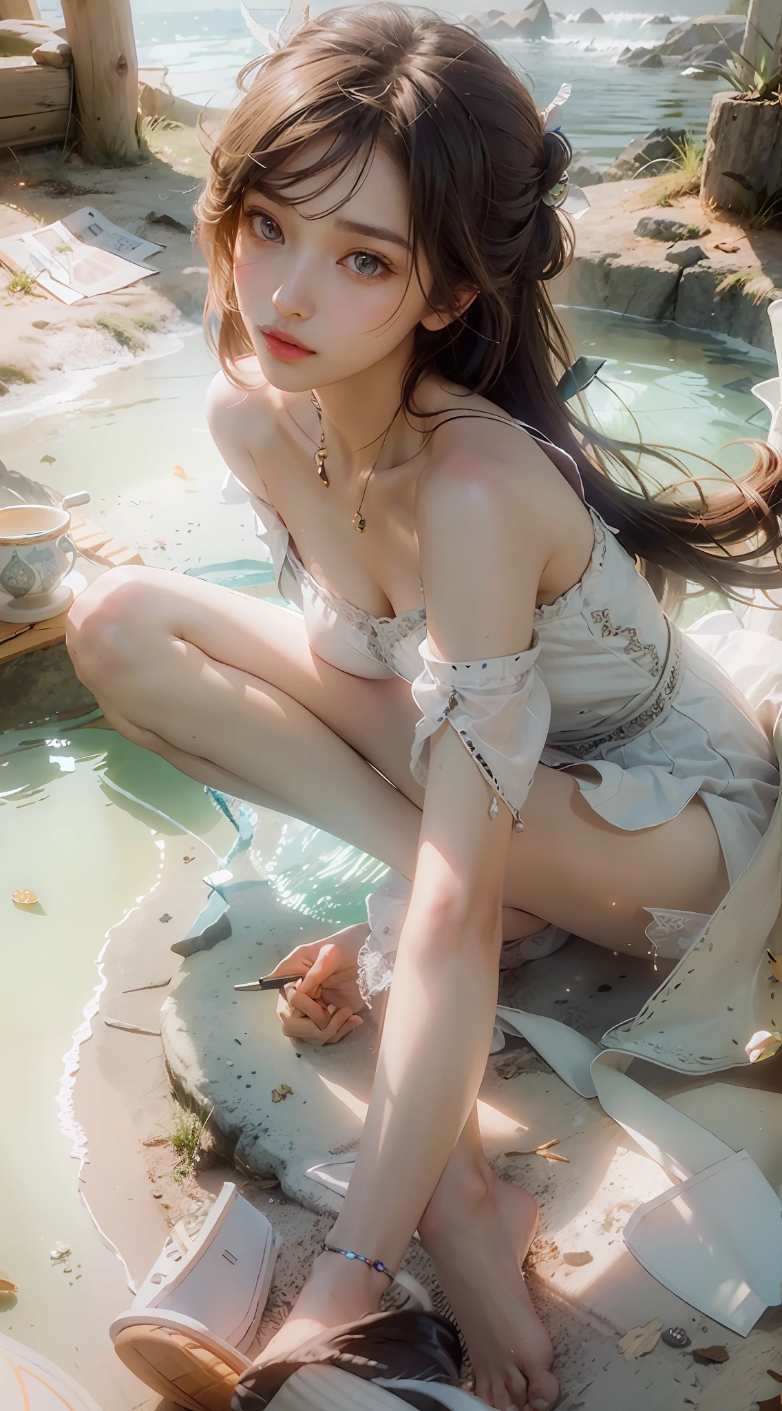 ((Best Quality)), ((Masterpiece)), (Details: 1.4), 3D, (Light Brown Super Long Hair, Messy Hair: 1.9), (White Dress: 1.7), (Slippers: 1.8) (Black Pupil: 1.5), Two Long Legs, HDR (High Dynamic Range), Ray Tracing, NVIDIA RTX, Super-Resolution, Unreal 5, Subsurface Scattering, PBR Textures, Post-processing, Anisotropic Filtering, Depth of field, maximum sharpness and sharpness, multi-layered textures, albedo and specular mapping, surface shading, accurate simulation of light-material interactions, perfect proportions, Octane Render, two-color light, large aperture, low ISO, white balance, rule of thirds, 8K RAW,