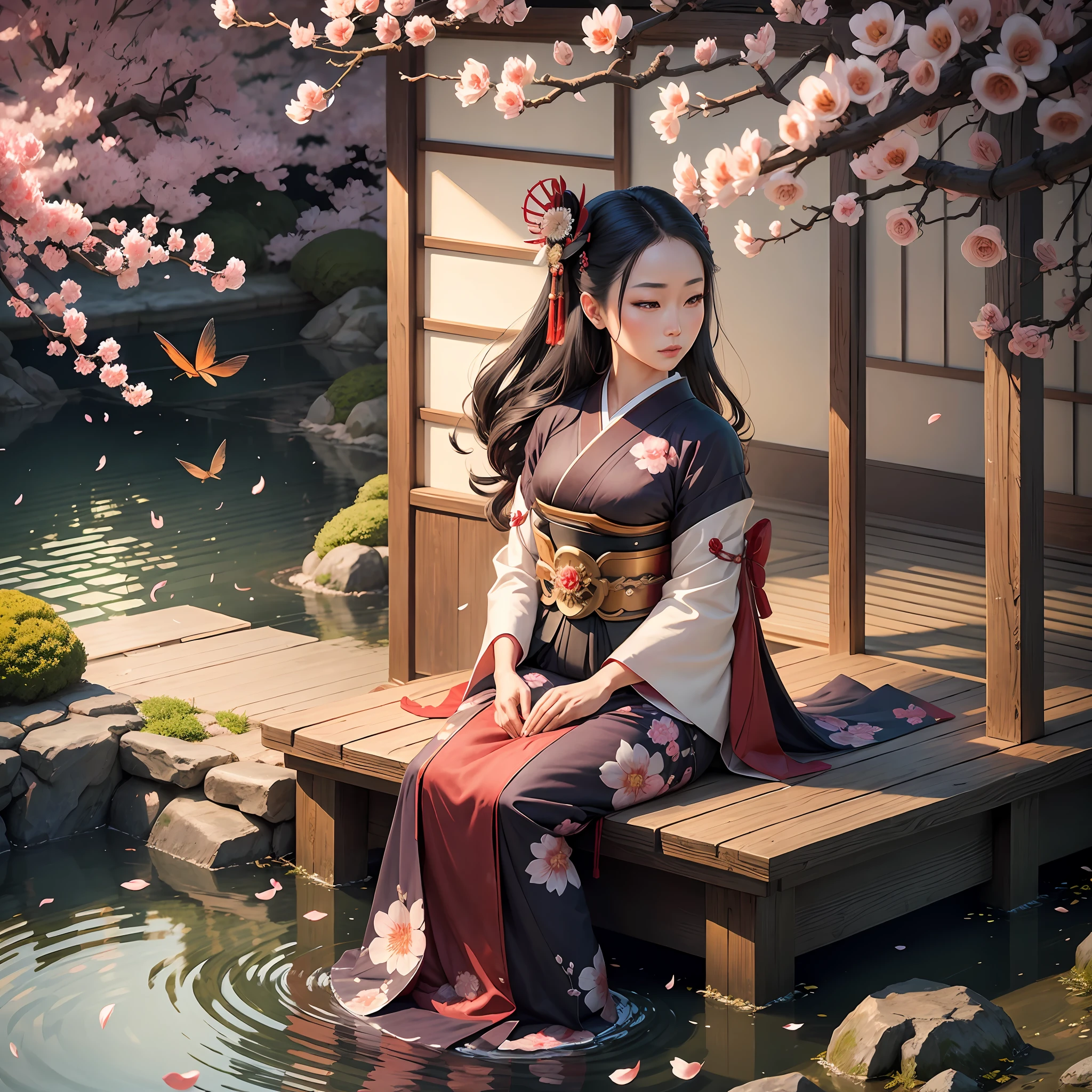 An ancient Japanese beauty, dignified temperament, geisha, tea ceremony, fluttering cherry petals, oriental garden in the background, carp pond, masterpiece, super detailed, epic composition, high quality, highest quality, 4k --auto --v 6 --s2
