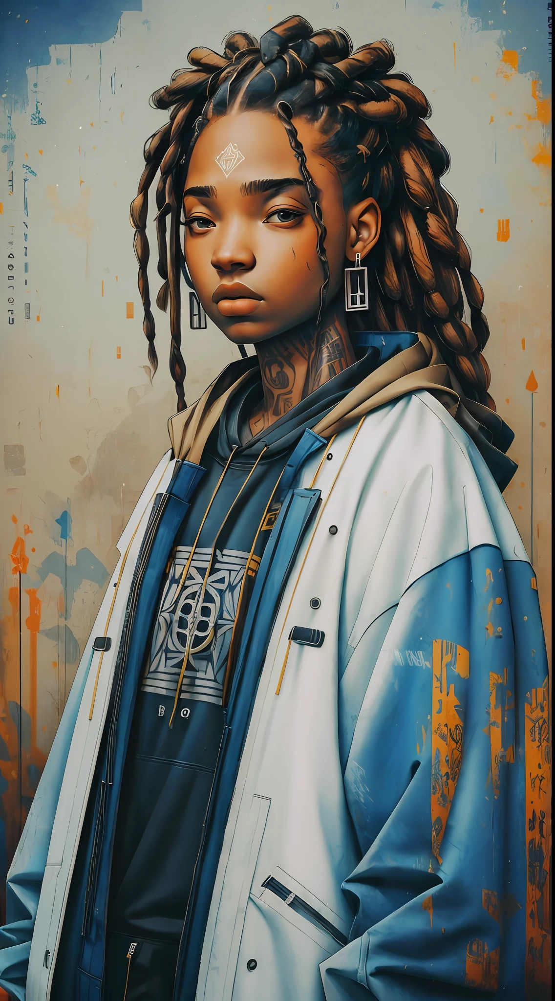 ankymoore, 1rapper with dread hair with tattoos, techwear clothes, graffitti background, (masterpiece), (best quality:1.2), absurdres, intricate details, upper body
