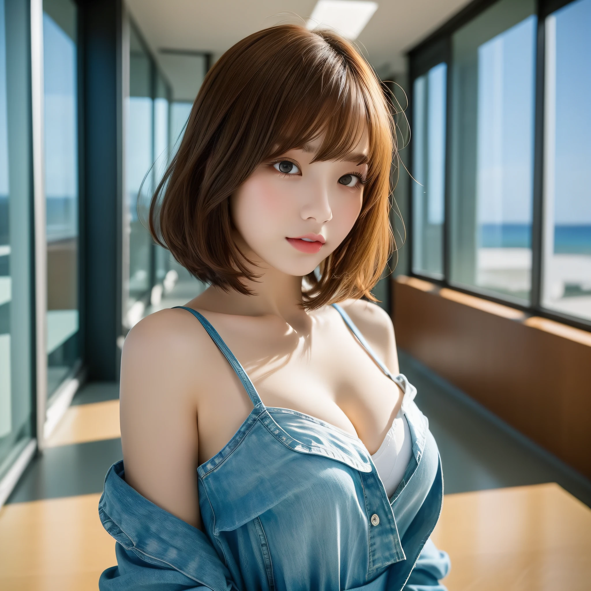 One girl, masterpiece, top quality, realistic, short shoulder length hair, cute, loose business shirt, attractive eyes, in a modern office (showing cleavage), (floor-to-ceiling windows with ocean view), (18 years old), blurred background,