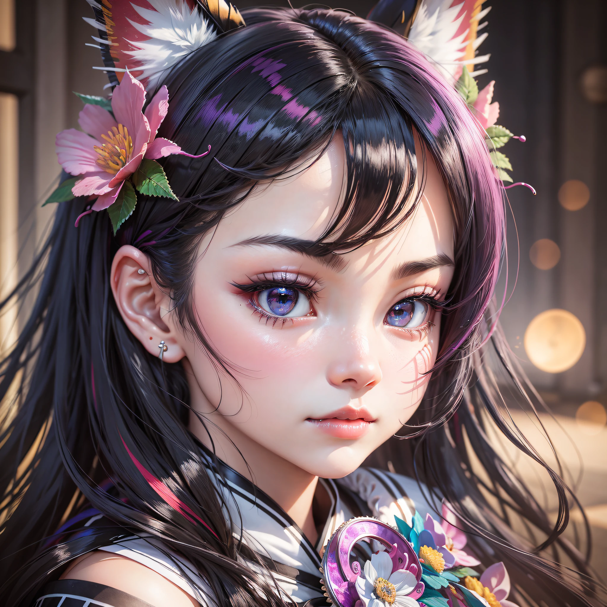 black hair, hair bobbles, wince, longeyelashes, solid circle eyes, fake animal ears, ear blush, fang, multicolored hair, halo, crown, butterfly hair ornament, flower on head, drop shadow, anaglyph, stereogram, tachi-e, Surrealism, high detail, anime, Romanticism, chiaroscuro, depth of field, glowing light, pov, 8k, UHD, retina, highres, high details有七色彩虹背景的美人鱼公主 --auto --s2