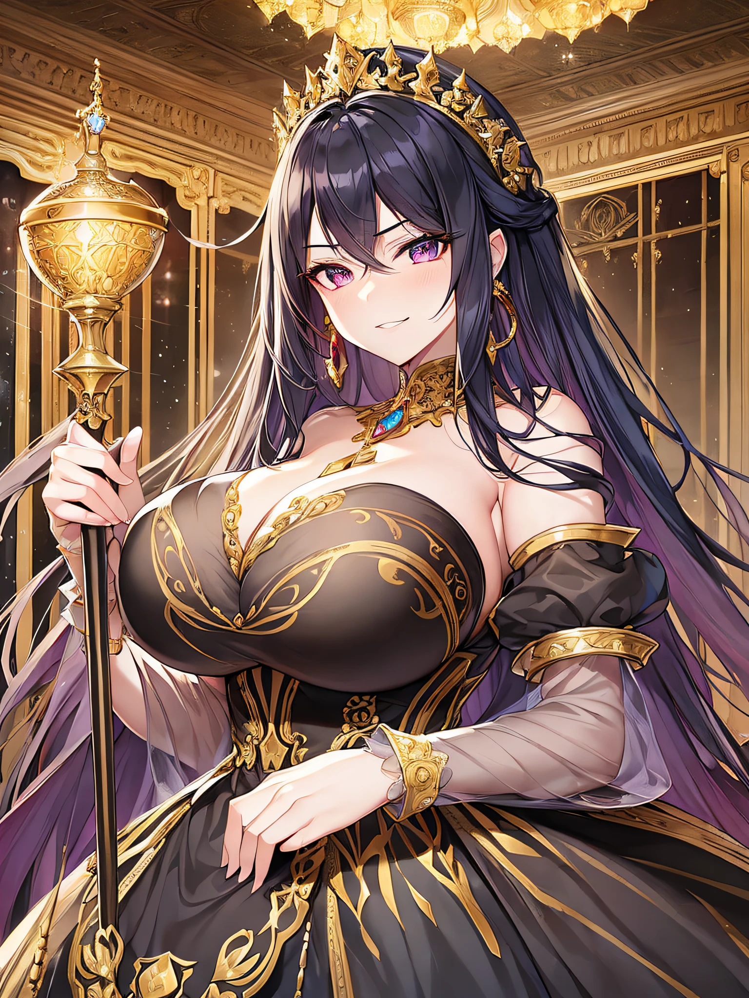((anime moe artstyle)),((Masterpiece)), (Best Quality), (Super Detail), Illustration, (((Very Delicate and Beautiful))),Dynamic Angle,Looking at viewer,((((Solo)))),(((Full body))),(((1 arrogant cute empress in black ball gown))),((holding a scepter in one hand)),(standing),dominant pose,(arrogant),(((haughty smile))),Purple eyes,(Sharp eyes),Detailed Face, Long Eyelashes,Jet Black Hair,Straight Hair,((Very Long Hair)),Bangs between eyes,((((gigantic breasts)))),cleavage,((skindentation)),curvy,off shoulder,See-through,(gorgeous embroidered black and gold rococo ball gown),(fluffy rococo ball gown with gorgeous embroidery),(((hoop skirt))),long skirt,corset,crinoline,opera gloves,Beautifully Gorgeous jeweled big tiara,Beautifully Gorgeous gem earrings,Beautifully Gorgeous jeweled necklace,Beautifully Gorgeous jeweled ornaments,indoor,light particles,royal palace,