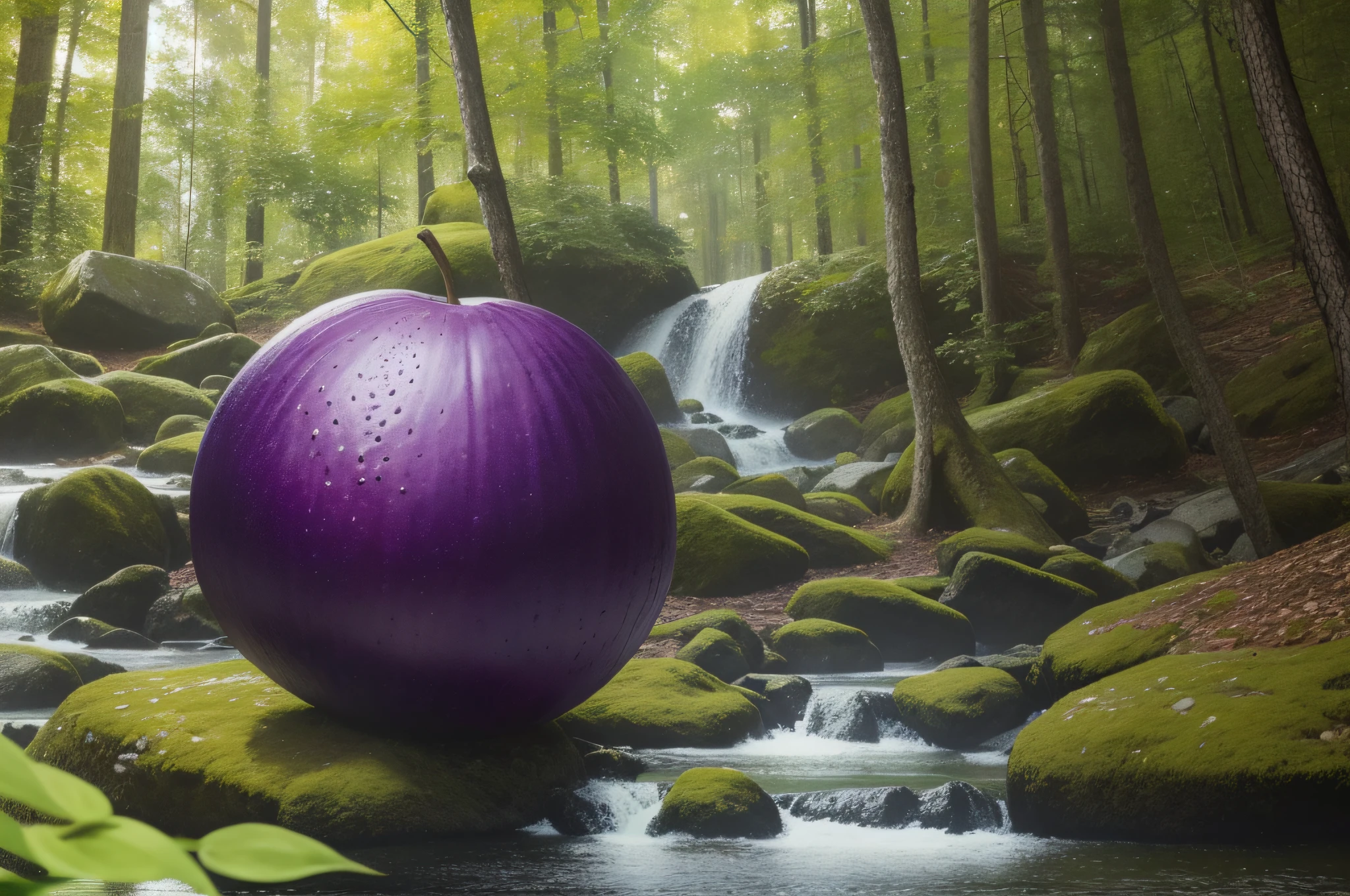 (best quality, masterpiece, realistic, detailed), 8k CG, no characters, perfect artwork, a purple fruit, rock wall, magic. Leaf.