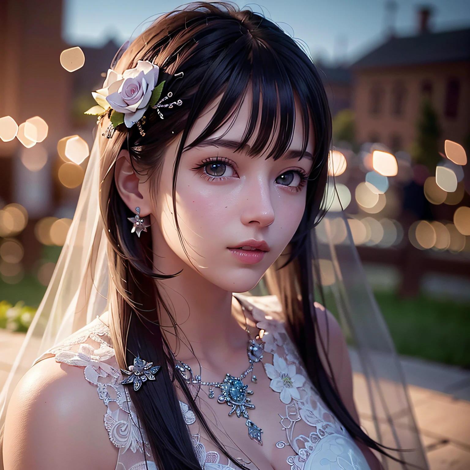 (RAW photo:1.4), (photorealistic:1.7),(intricate details:1.2),(masterpiece:1.3),(best quality:1.4), (ultra highres:1.2), Beautiful face, upon_body, tyndall effect, atmospheric perspective, dark studio, rim lighting, two tone lighting,(high detailed skin:1.2), 8k uhd, dslr, soft lighting, high quality, volumetric lighting, candid, Photograph, high resolution, 4k, 8k, Bokeh, with a sinister castle looming in the distance, castle background, beautiful castle background, ((detailed wedding veil with flowers)), long white gloves,((white lace wedding dress)), (bangs:1.3), hair bangs, sitting down, sitting, outdoors, outside, close up, face close, light blue eyes,