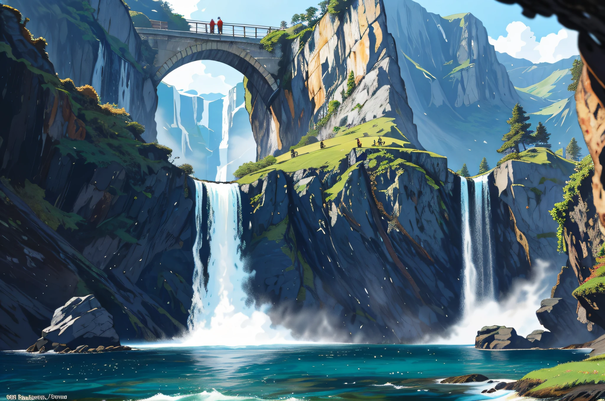 Super fine, a lot of detail, best quality, strong light, there are waterfalls on the island, a lot of seabirds flying towards the picture